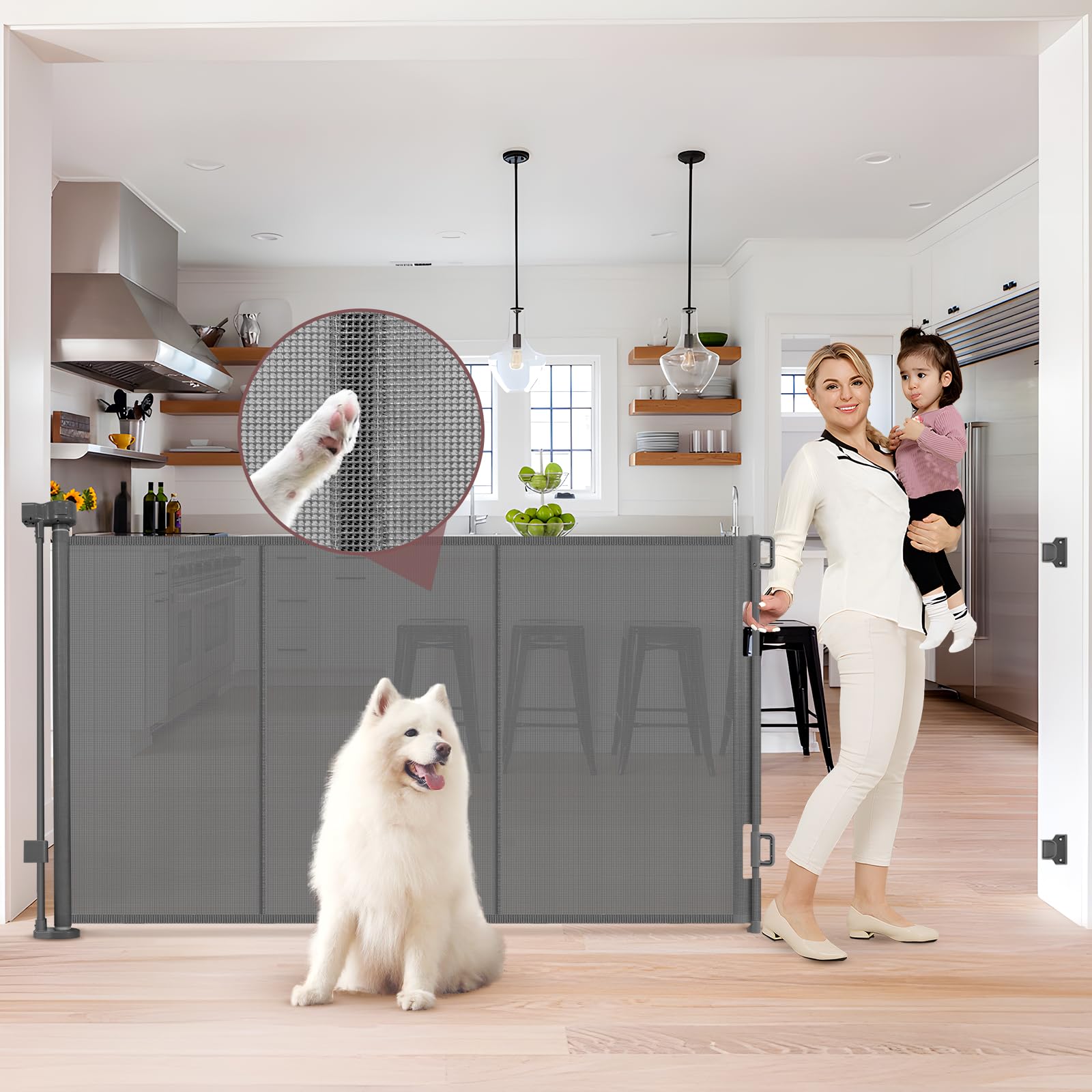 GRENFU Reinforced 41 Inch Extra Tall Pet Gate, 80 Inch Extra Wide, Retractable Baby Gate with Support Rods, Gray, Metal Frame wi