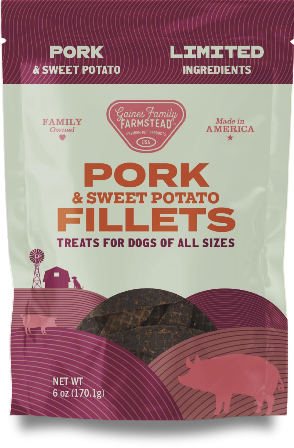 Gaines Family Farmstead Pork & Sweet Potato Fillets - Limited Ingredient, High Protein Dog Treats, Grain-Free, Made In Usa, 6 Oz
