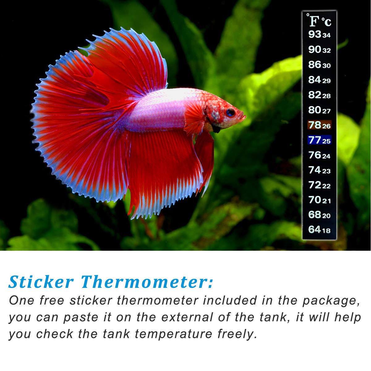 Pulaco 25W Small Aquarium Submersible Betta Heater With Free Thermometer Strip, Under 6 Gallon Fish Tanks (Preset Temperature 78