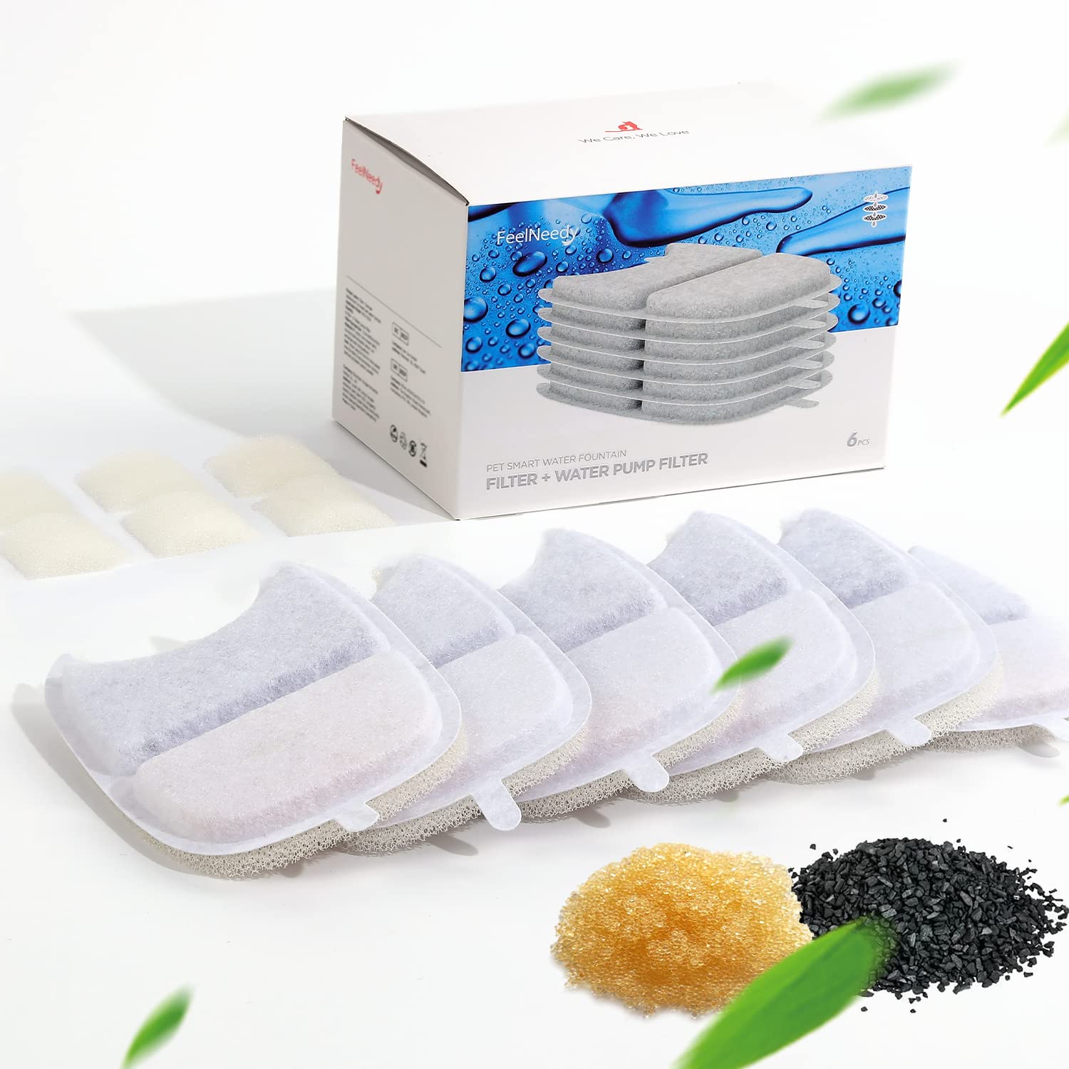 Feelneedy 6 Pack Cat Water Fountain Filter & 6 Pack Pump Filter Sponges Replacement, Pet Water Fountain Filter For 135 Fl Oz/4L 