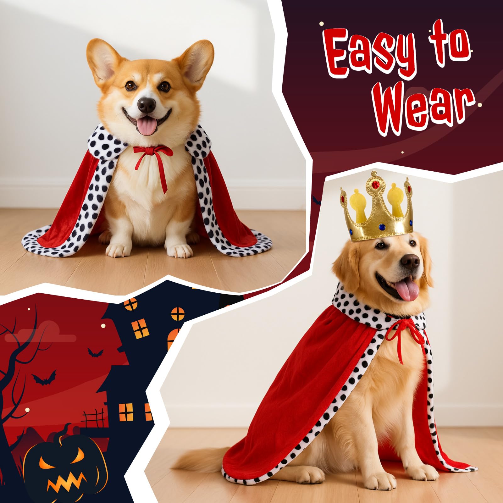 Talltalk 2 Pcs Halloween Dog King Costume, Pet Cloak Cape Puppy Velvet Robe and Gold Crown Set Royal Clothes Pet Queen Prince Pr