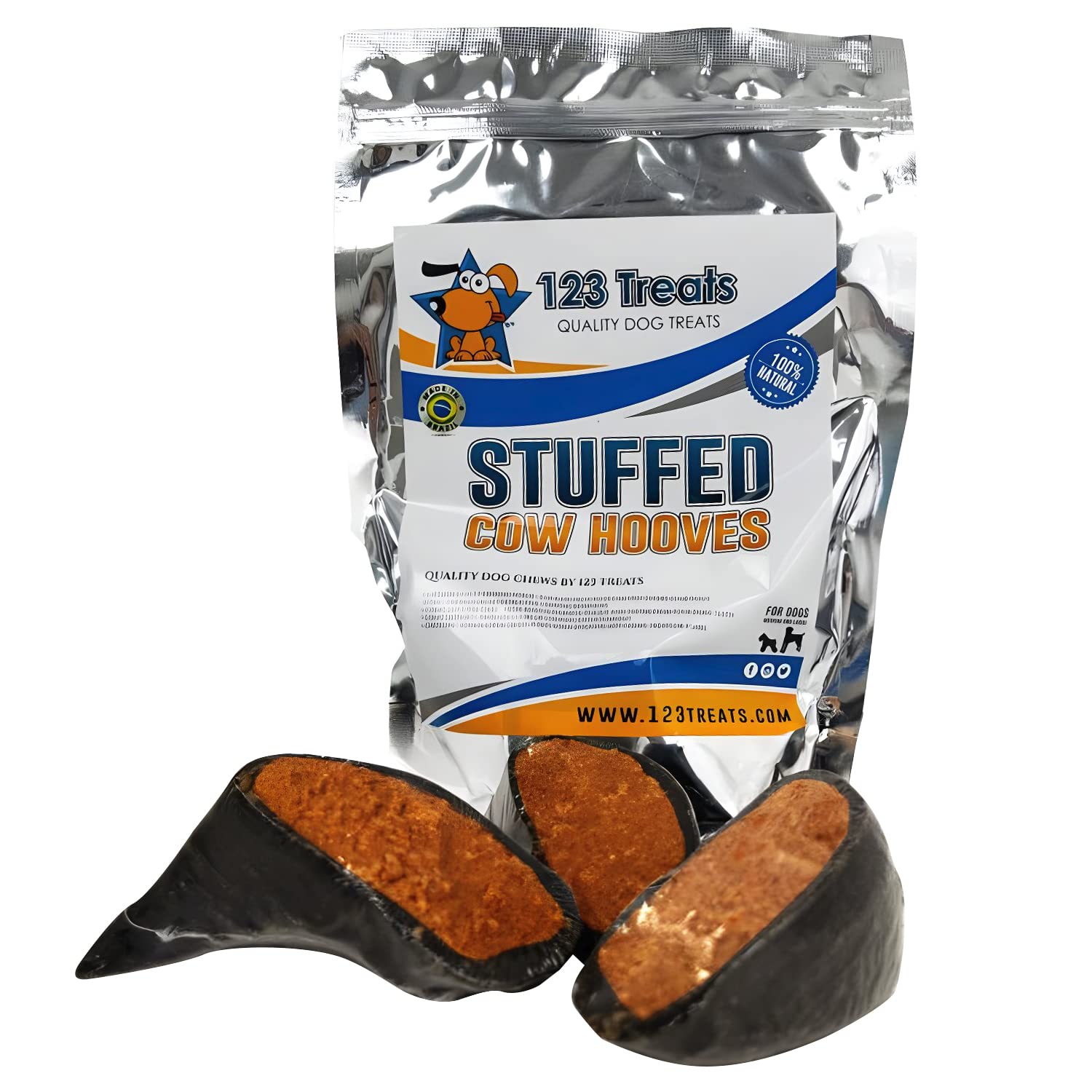 123 Treats Cow Hooves for Dogs, Cheese & Bacon Flavor, Natural Beef Chews, 3 Count Pack