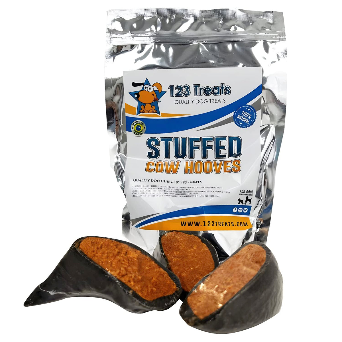 123 Treats Filled Cow Hooves For Dogs, Delicious Cheese & Bacon Flavor, Stuffed Natural Beef Hoof Dog Chews, Tasty Treats For Dog, Made From Premium Brazilian Cattle, Pack Of 3 Count