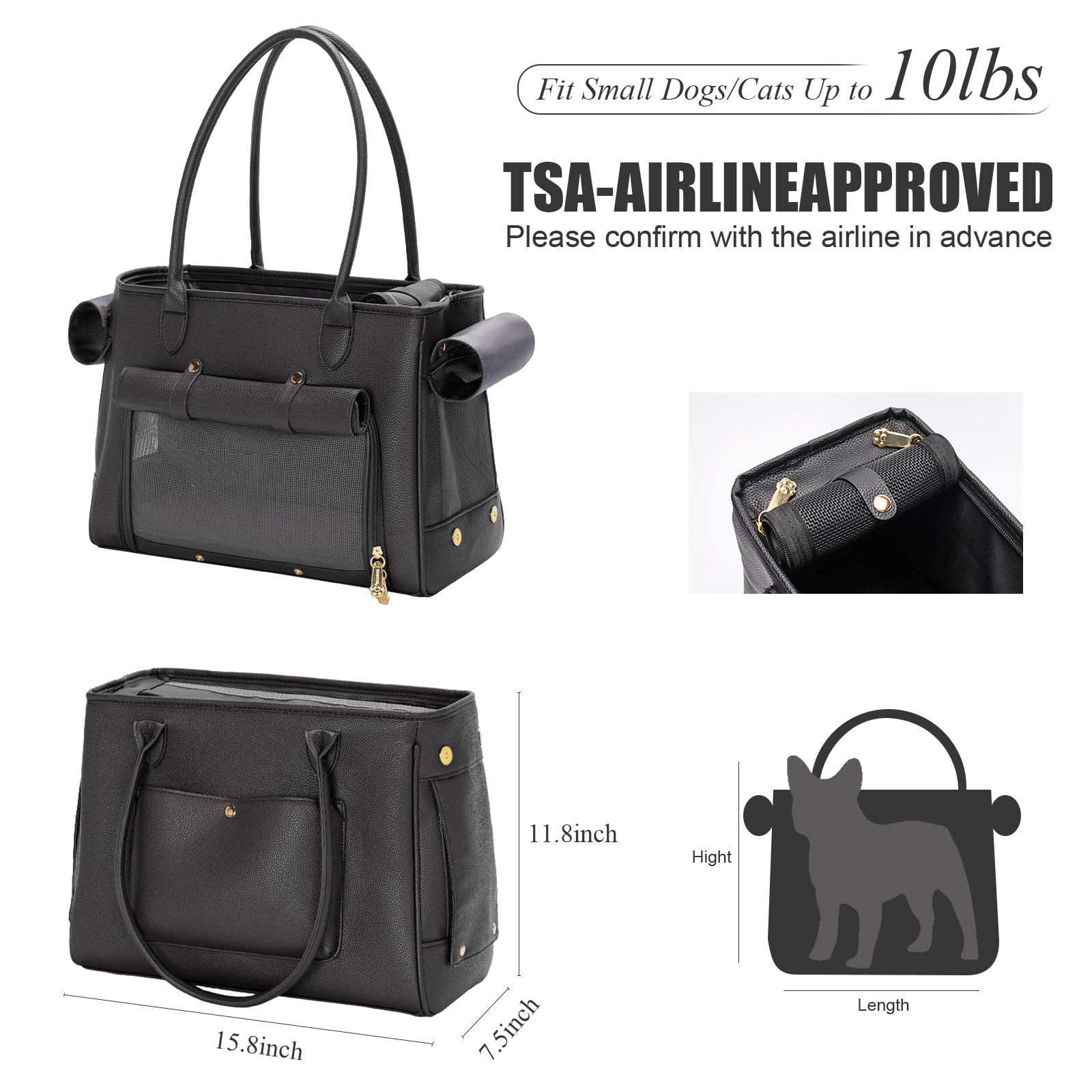 Fashion Pet Carrier Purse For Small Cat And Dog, Luxury Pu Soft-Sided Tote Bag With Large Pockets For Dogs And Puppies (Black, 1