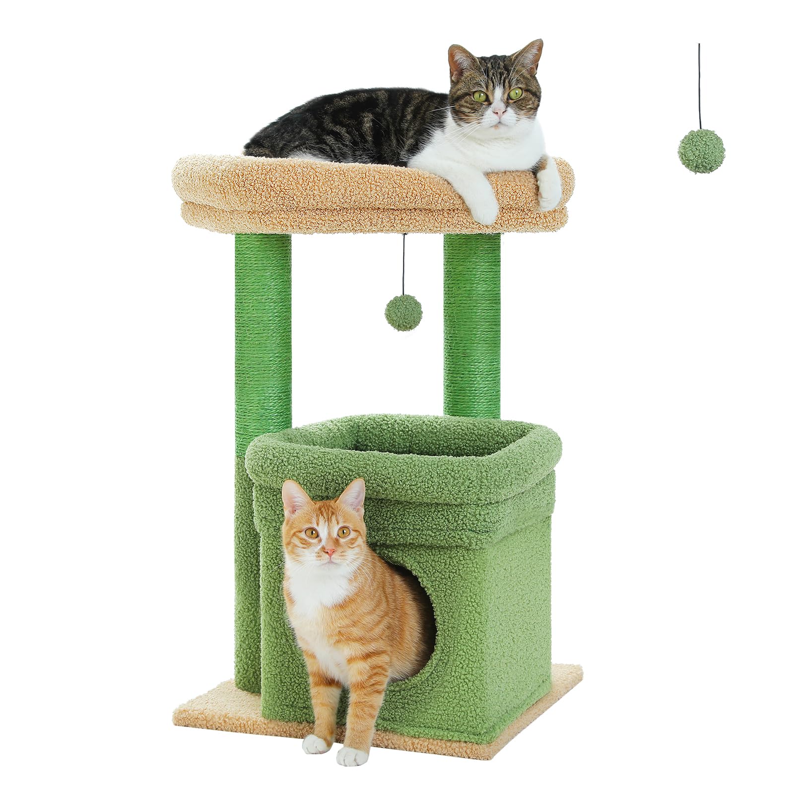 Pequlti Cat Tree Cactus Cat Tower For Indoor Cats With Private Cozy Cat Condo, Natural Sisal Scratching Posts And Plush Pom-Pom 
