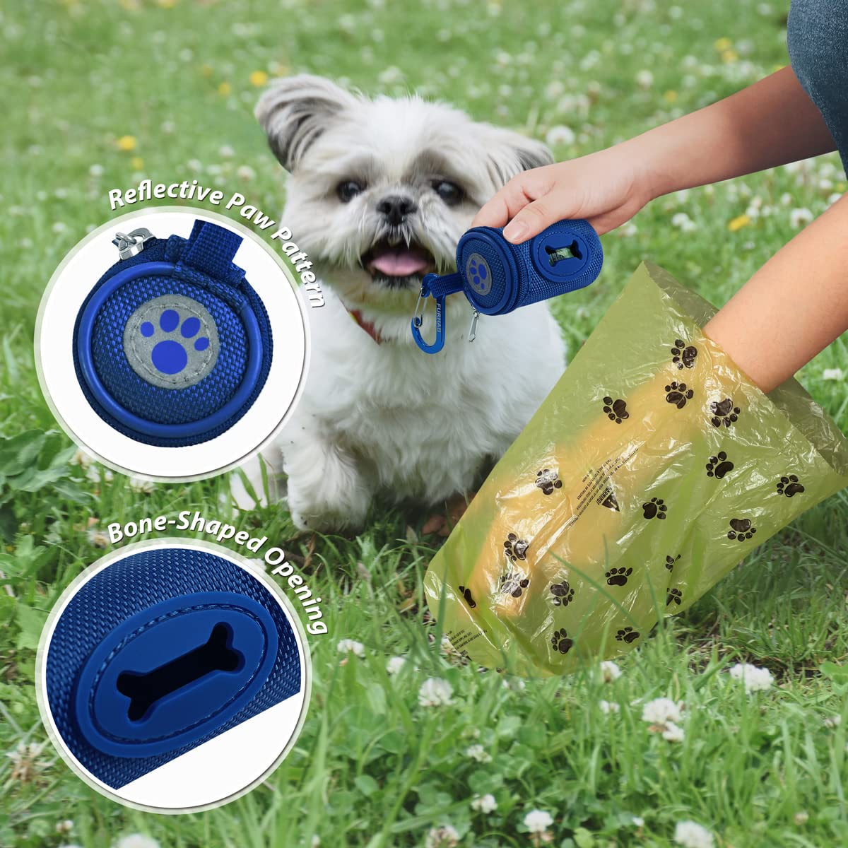 Furhab Dog Poop Bag Holder For Leash Doggie Waste Bag Dispenser Soft Fabric Puppy Potty Carrier Small Doggy Zipper Pouch With Carabiner Clip 1680D Nylon Oxford With 1 Roll Of Pet Trash Bag, Royal Blue