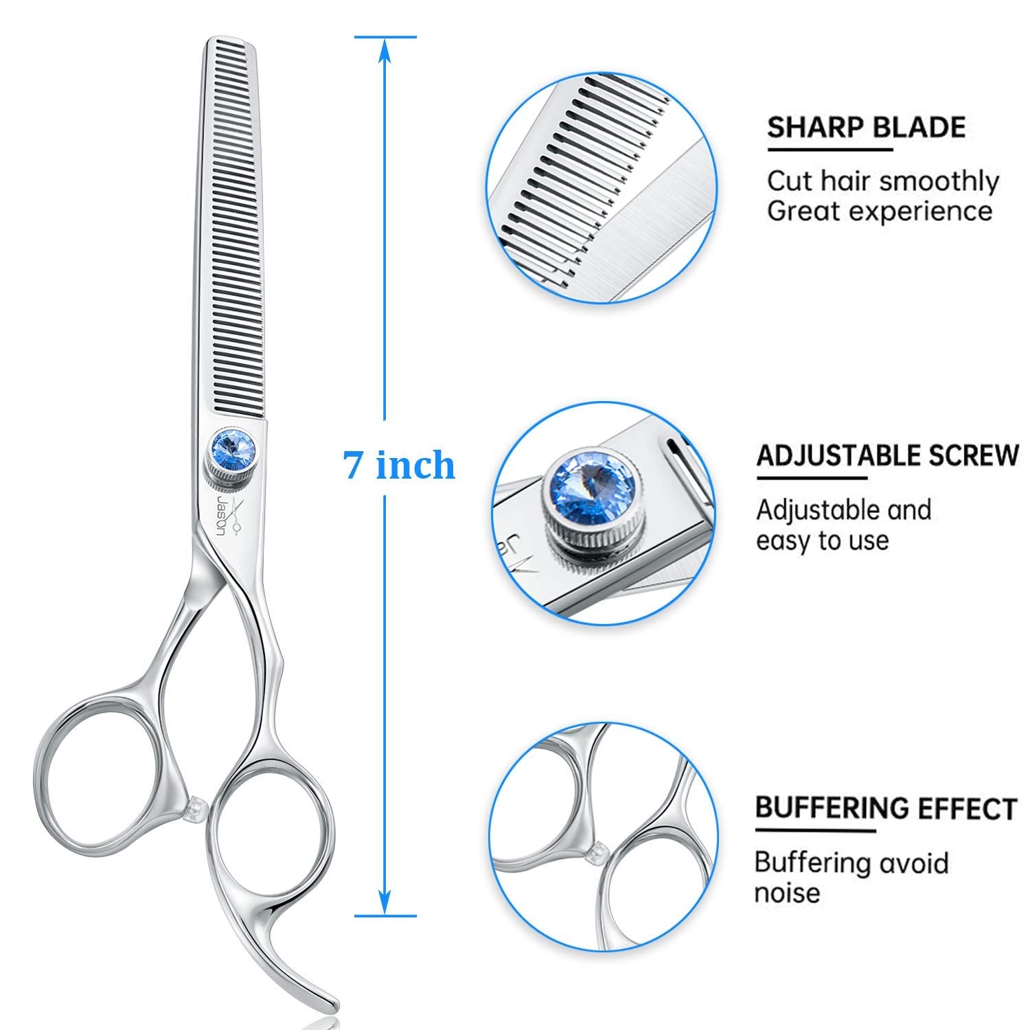 JASON 7 Silver Thinning Dog Grooming Scissors, 50 Teeth Ergonomic Blender Shears for Cats & Dogs, 30% Thinning Rate, Offset Handle