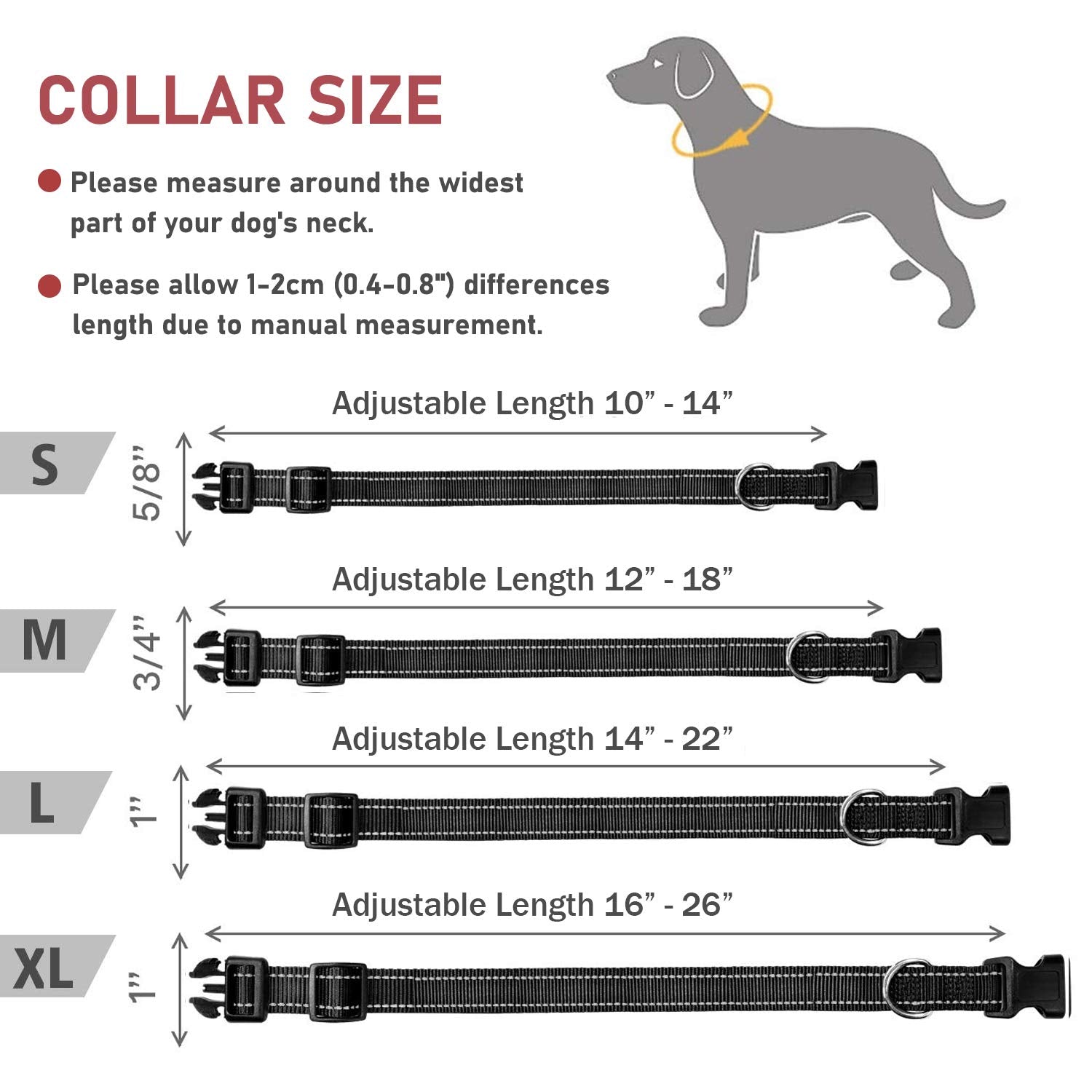 Reflective Dog Collar With Buckle Adjustable Safety Nylon Collars For Small Medium Large Dogs, Black M