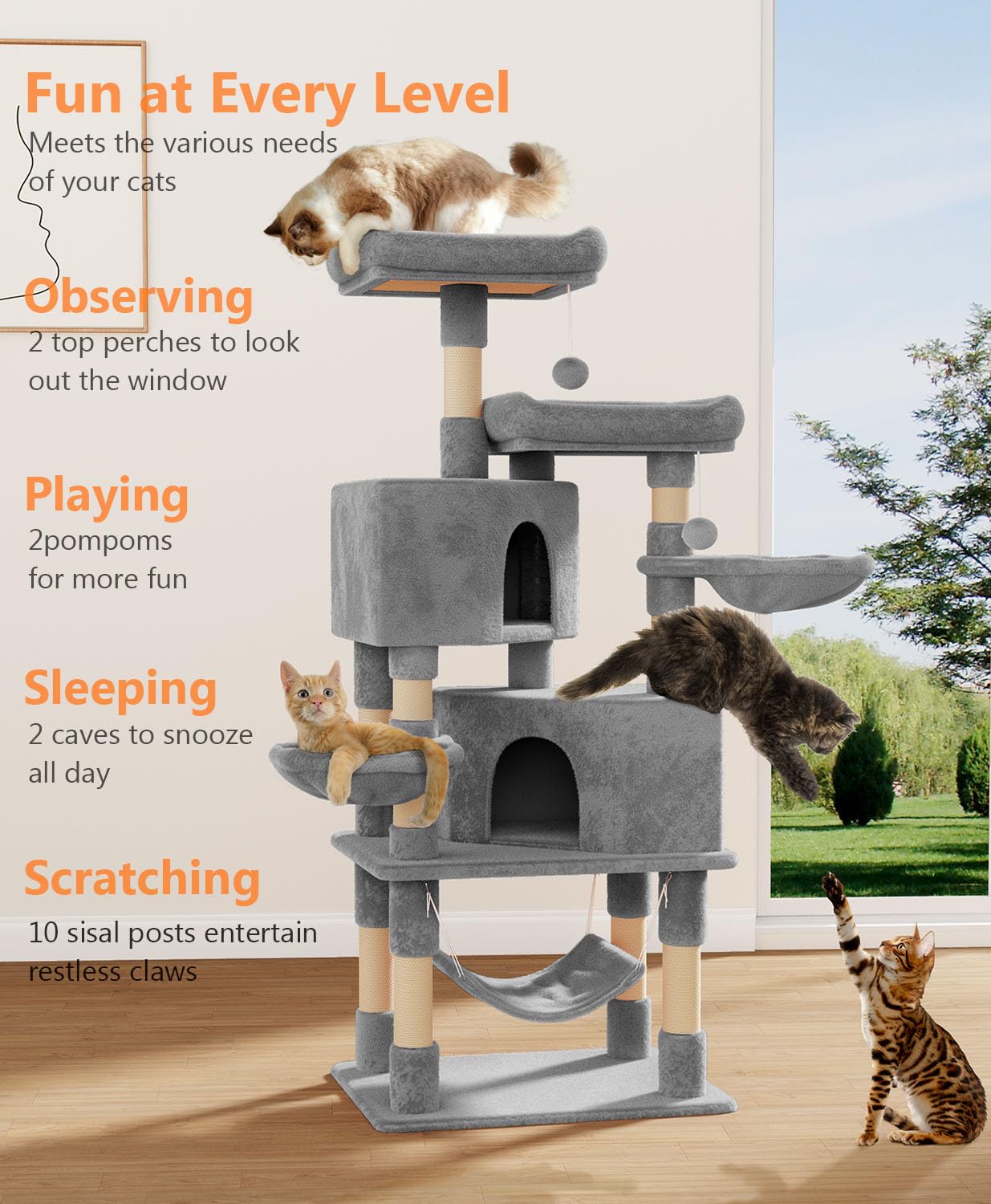 Os Motor Cat Tree Tower For Indoor Cats Large Adult,Cute/Tall Modern Cat Tree For Big Cats 20 Lbs,58''Plush Multi-Level Cat Cond