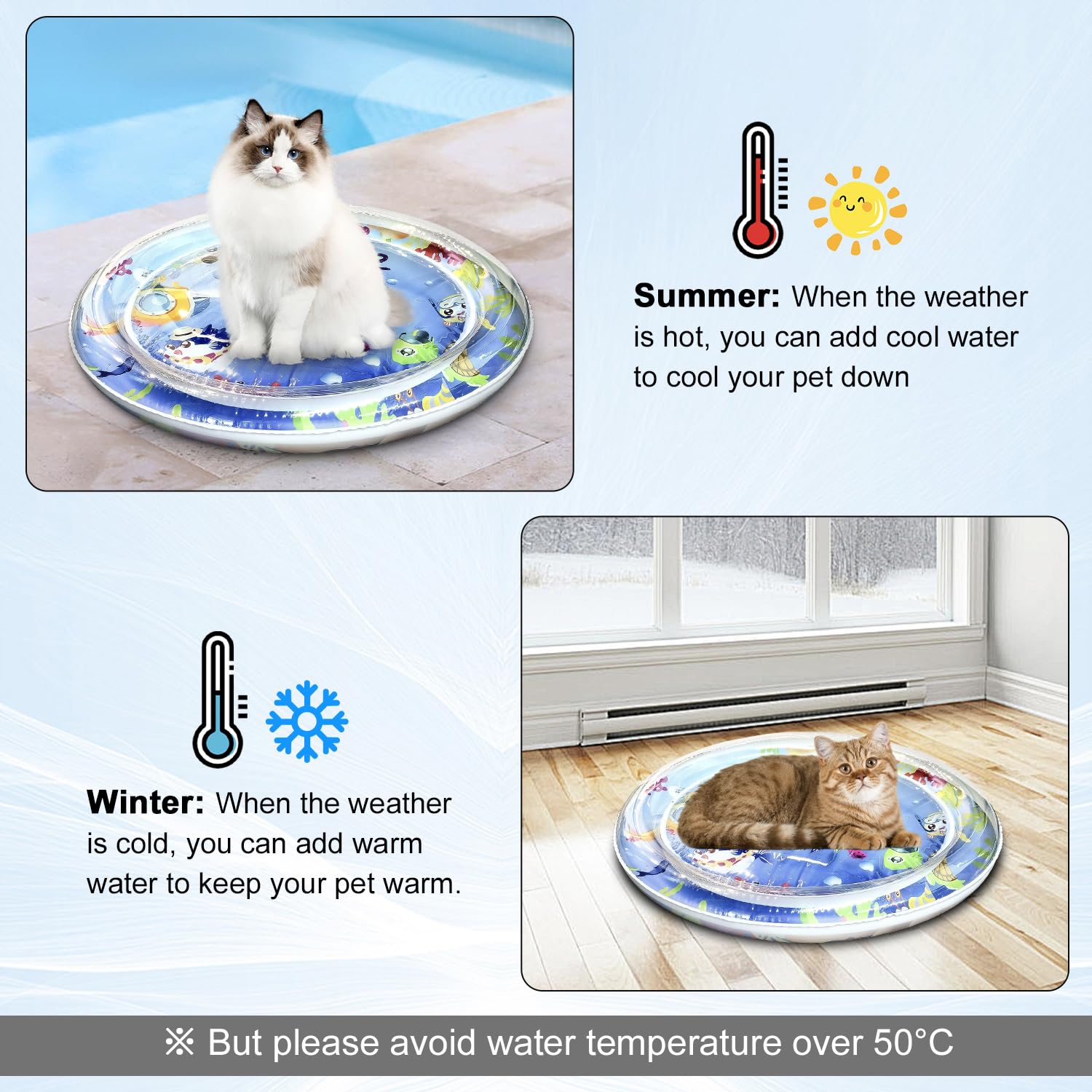Baoyemes Cat Dog Water Mat, [2025 Newly Upgraded, Two Layers & Thickened] Ocean Themed Round Sensory, Non-Slip Playmat, Floating