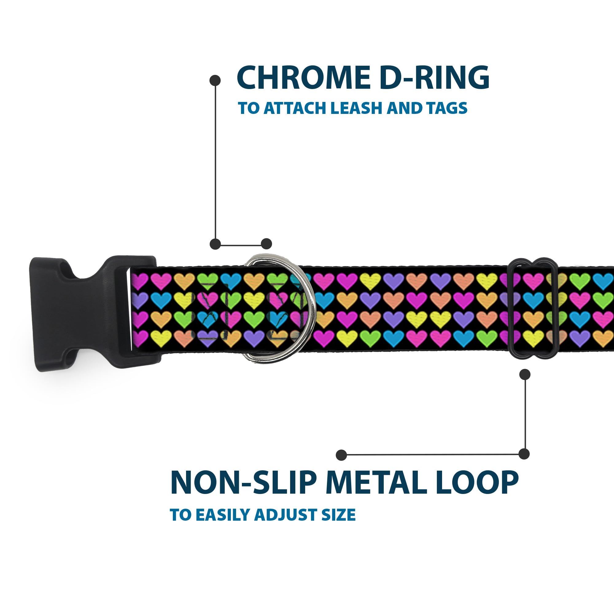 Buckle-Down Plastic Clip Collar - Mini Hearts Black/Multi Neon - 1.5 Wide - Fits 16-23 Neck - Medium