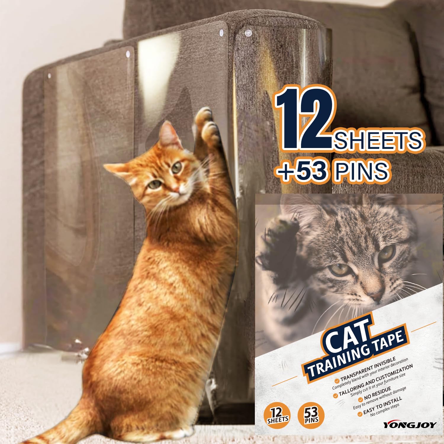 Anti Cat Scratch Furniture Protector-12 Pack Single Side Couch Protector For Cats, Clear Cat Scratch Deterrent For Door Walls