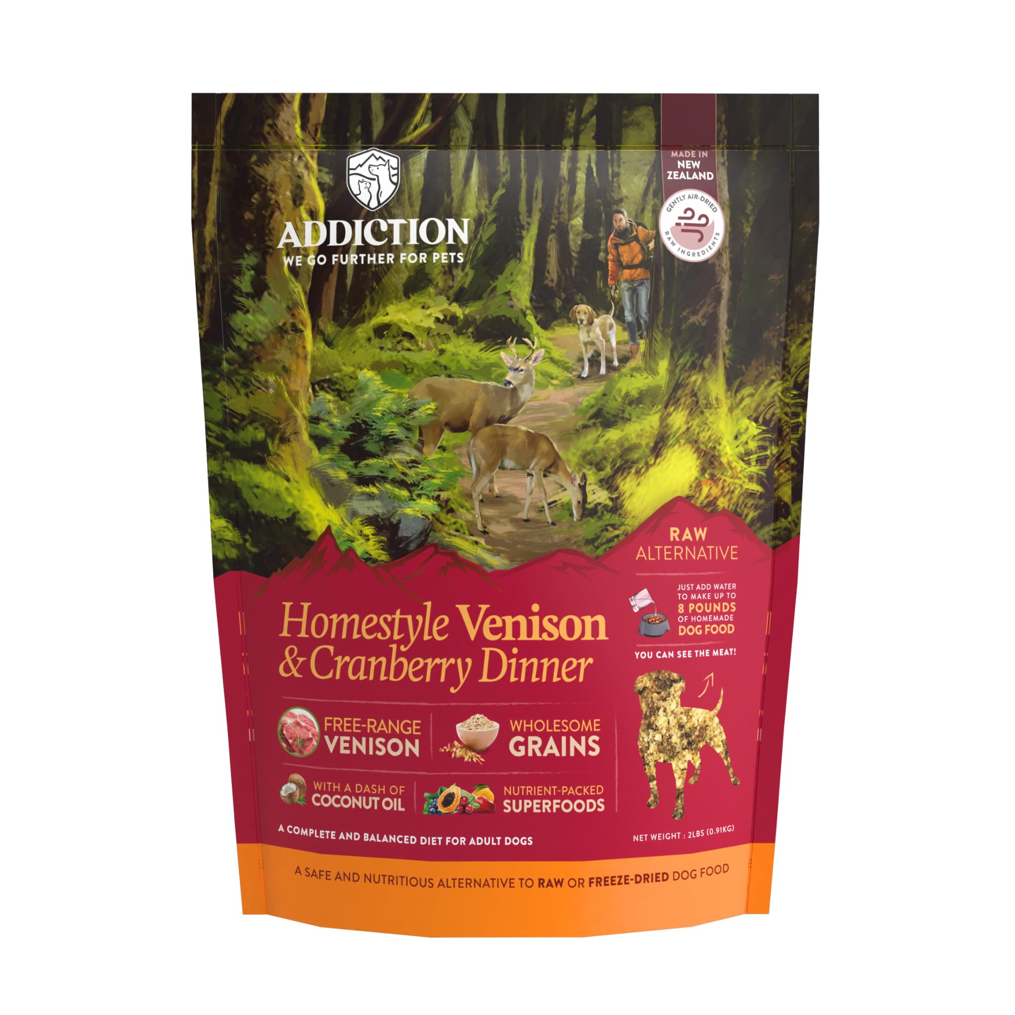 Addiction Homestyle Venison & Cranberry Dinner Raw Alternative Dog Food - Gently Air-Dried Complete Meal or Dog Food Topper for 