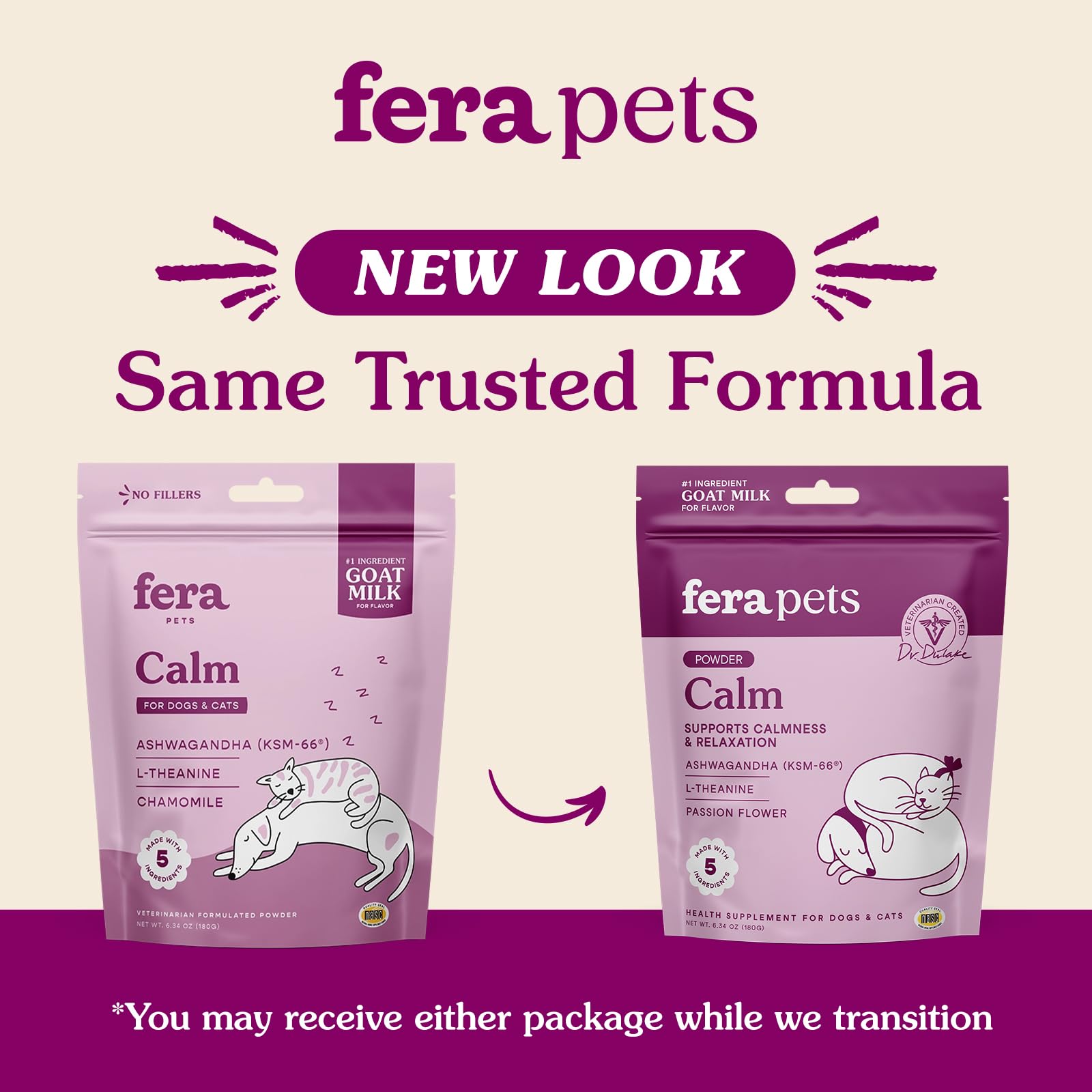 Fera Pet Organics Calming Goat Milk Cat & Dog - Vet Created - Pet Anxiety, Stress & Hyperactivity - Ashwagandha Supplement with