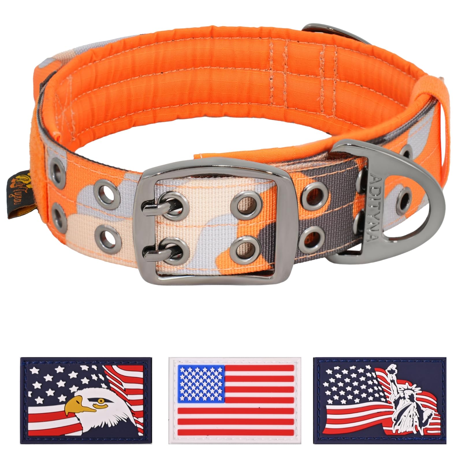 Adityna Heavy Duty Dog Collar For Large Dogs - Camo Orange Collar With Handle For Training, And Walking - Wide, Thick, Tactical,
