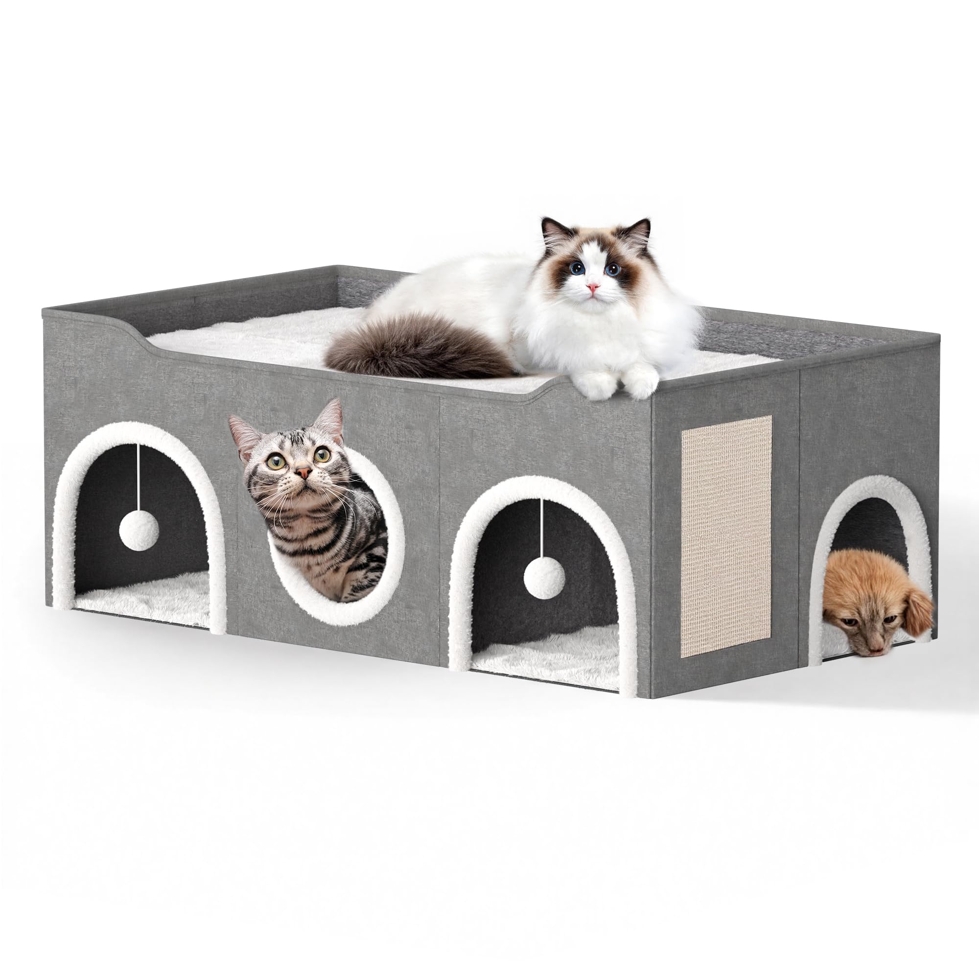 All-In-1 Extra-Wide Cat House For Indoor, Multi Cats Puppy Family, Large Cat Cave For Pet House With Fluffy Ball Hanging And Scr