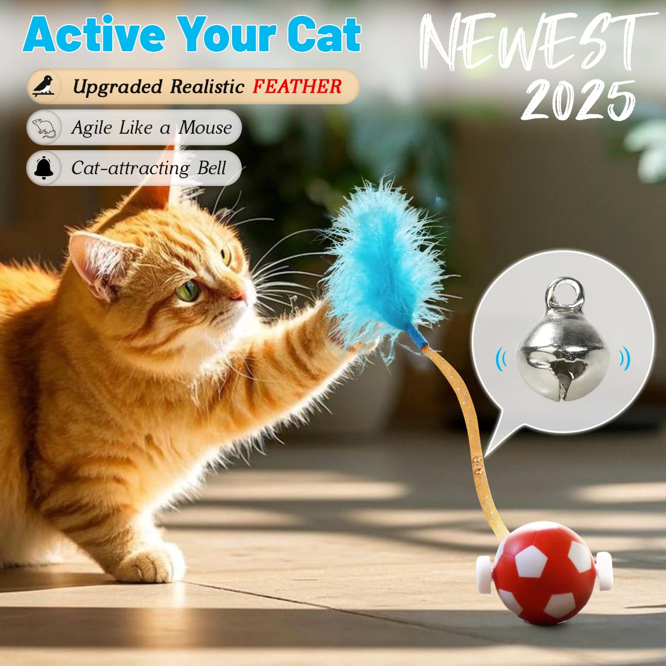 Oosofitt Interactive Cat Toys With Feather Snappy Tail For Bored Indoor Adults Cats, Safe Rolling Toys Ball With 3 Models, Autom
