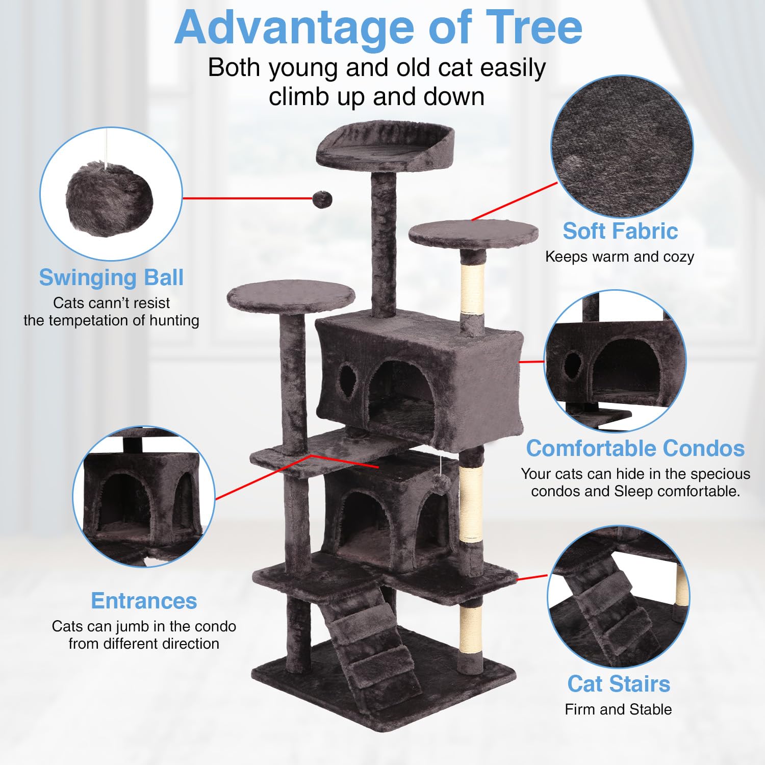 FDW | 54 Cat Tree Tower | Purple Gray | Multi-Level Indoor Activity Center with Sisal Scratching Posts, Condos, Plush Perches, H