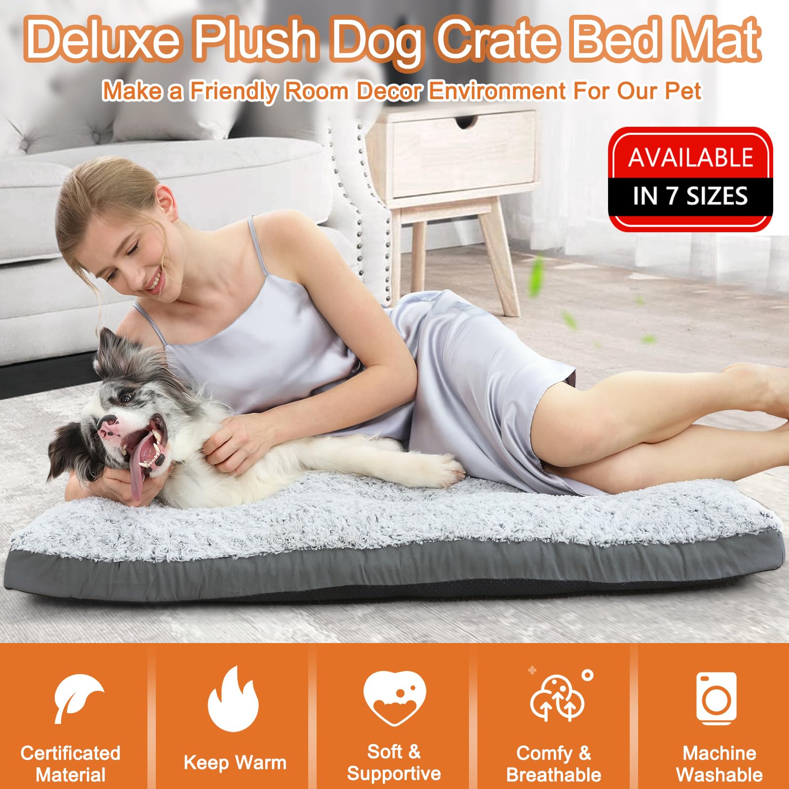 Pocblue Deluxe Washable Dog Bed For Small Dogs Dog Crate Mat 24 Inch Comfy Fluffy Kennel Pad Anti-Slip For Dogs Up To 25 Lbs, 24' X 17', Grey