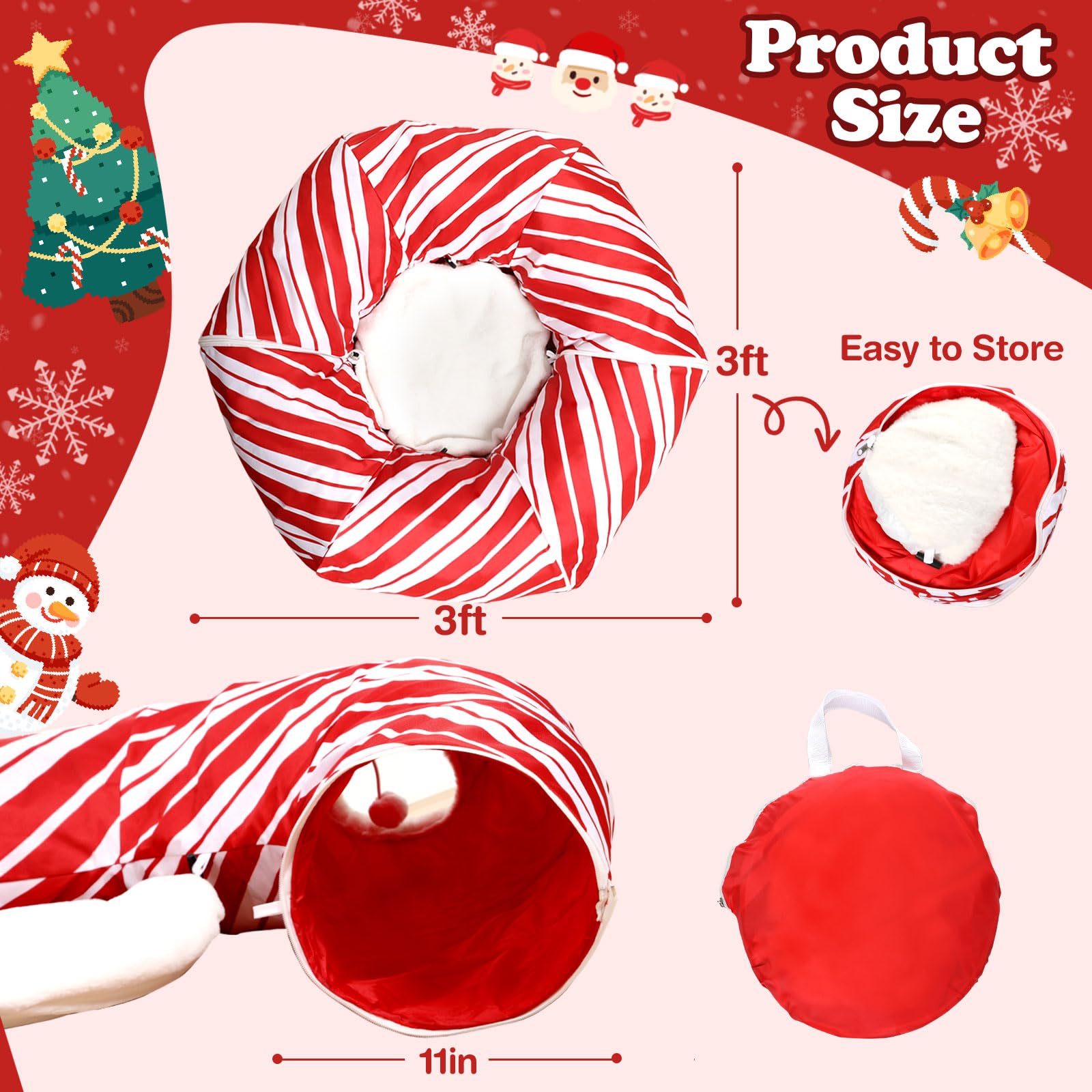 Cat Tunnel Bed Peekaboo Cat Cave Donut Under Christmas Tree Candy Cane Design Festive Decor Perfect For Small Medium Large Cats,