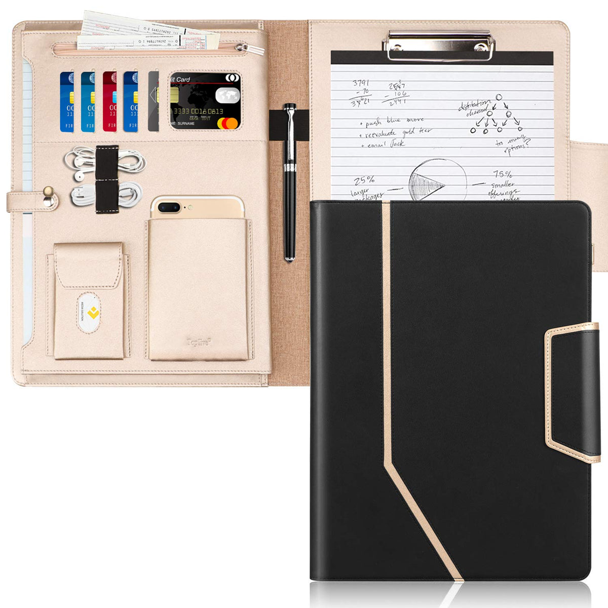 Toplive Padfolio Portfolio Case, Conference Folder Executive Business Padfolio With Document Sleeve,Lettera4 Size Clipboard,Busi