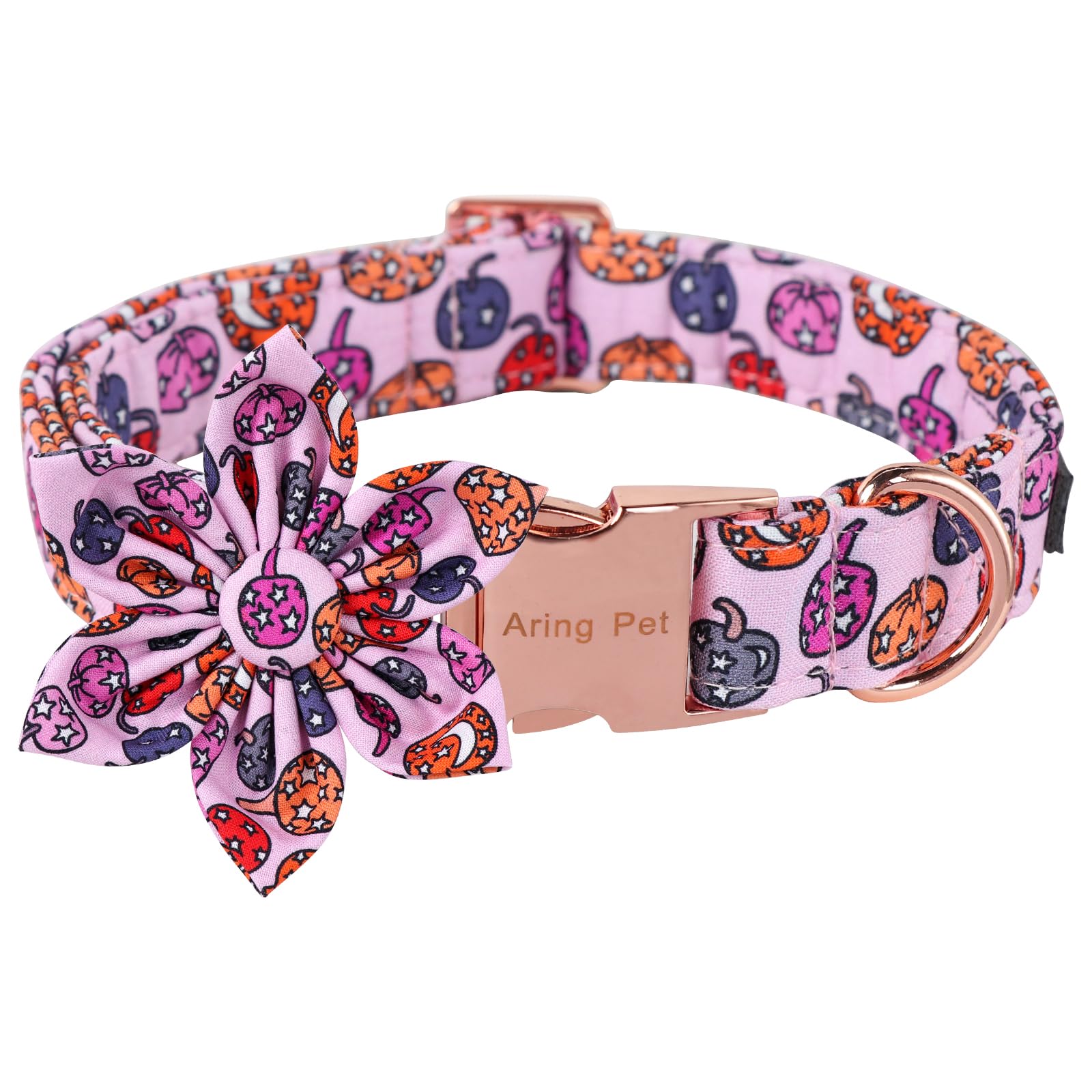 Aring Pet Halloween Dog Collar-Cute Pink Pumpkin Dog Collar With Flower, Adjustable Cotton Halloween Pumpkin Lamp Dog Collar Flower With Metal Buckle
