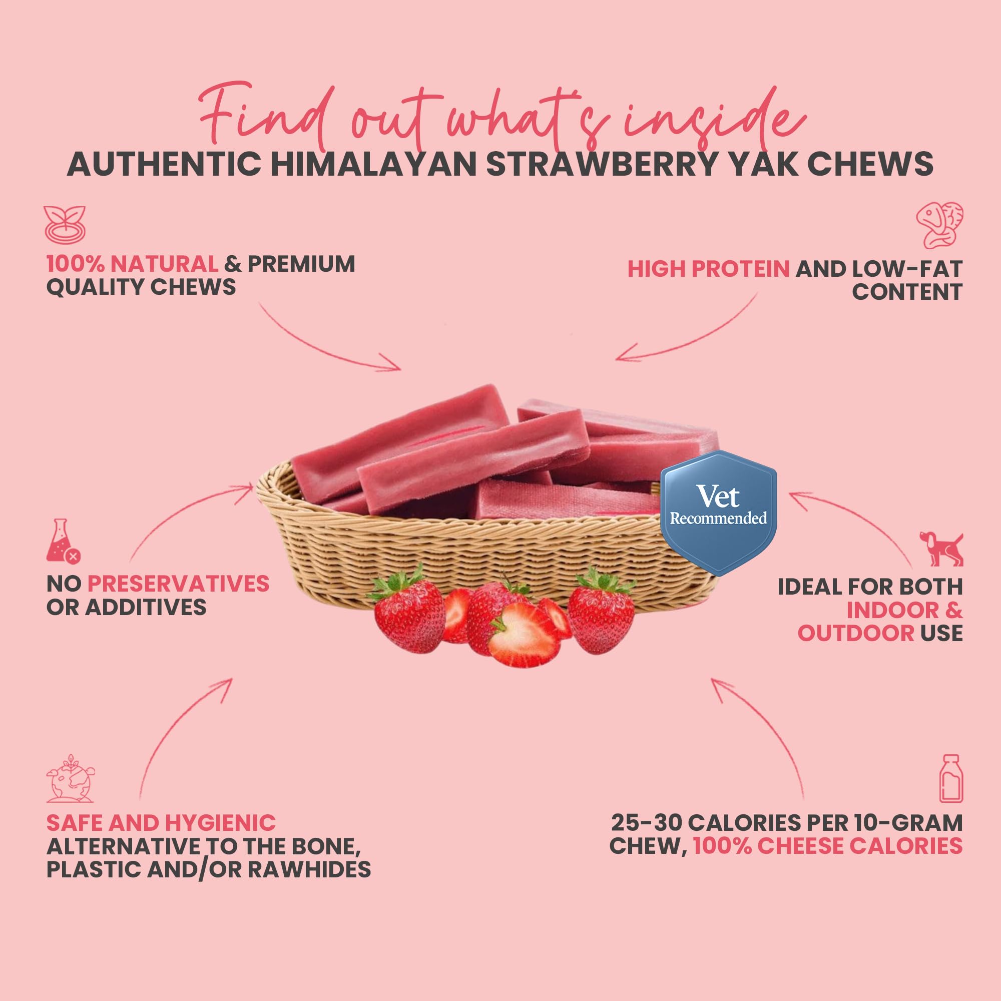 KATHMANDUS 100% Natural Strawberry Flavor Yak Chews - Keep Dogs Busy & Happy with our Lactose & Rawhide Free Himalayan Dog Chew