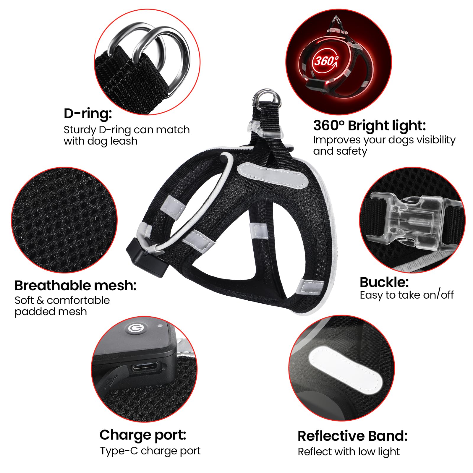 Pceotllar Light Up Dog Harness - Led, Rechargeable, No Pull, Reflective - Flashing Light For Night Walking (Red, Xs)