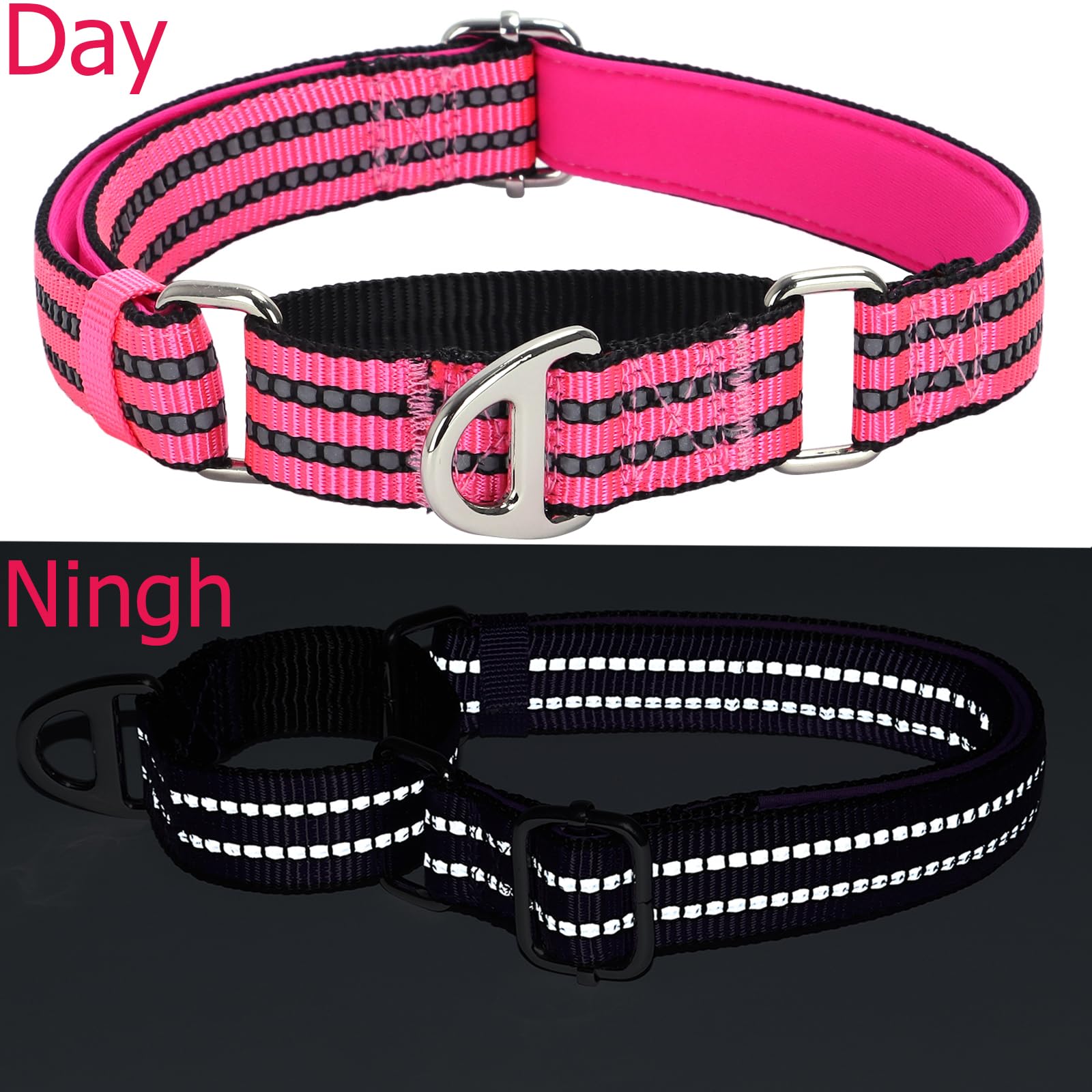 Onefojojo Martingale Dog Collars Reflective Nylon Dog Collar With No Buckle Adjustable Training No Slip Dog Collar (Medium,Pink)