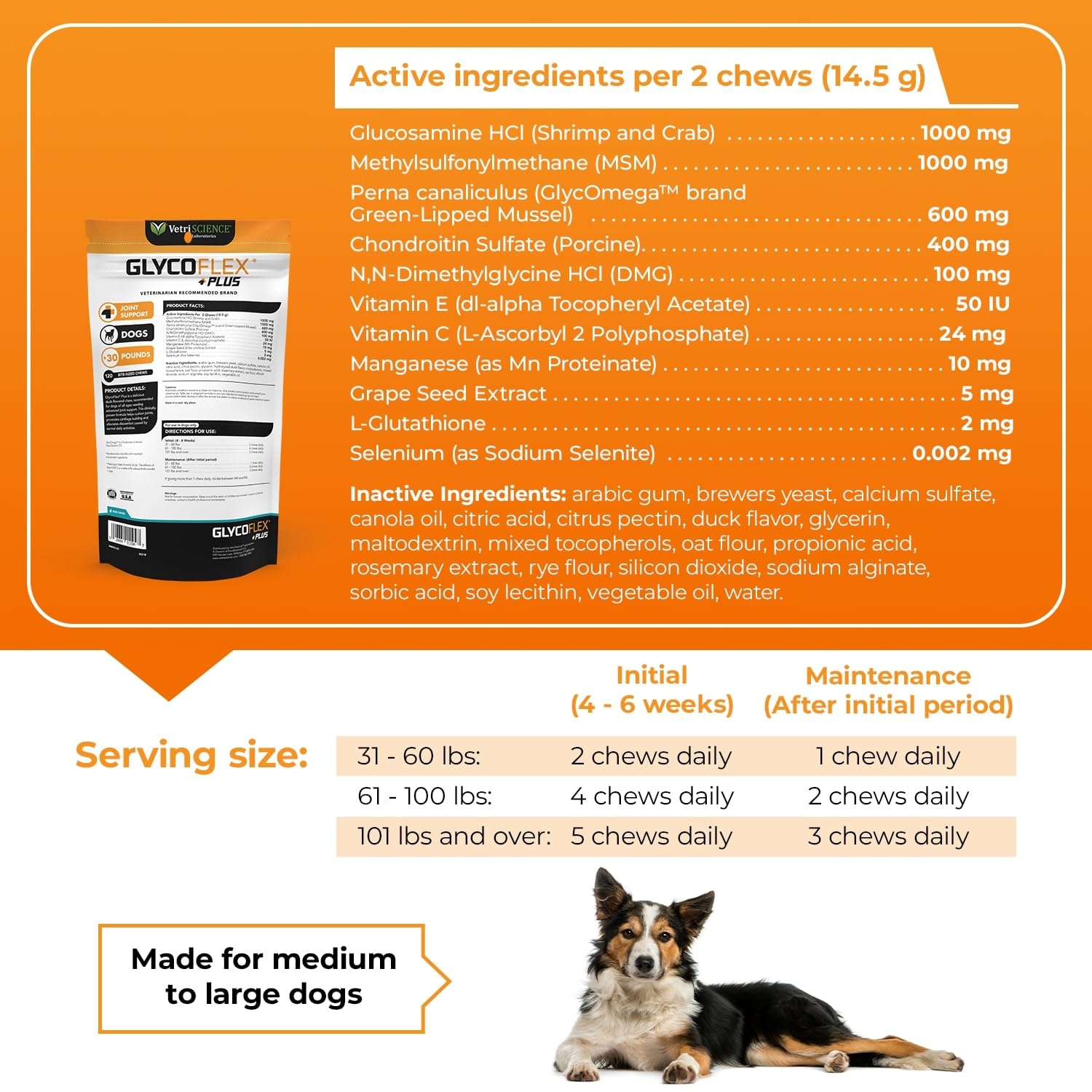 VETRISCIENCE GlycoFlex Plus Joint Support Chews for Dogs - Extra-Strength, 120 Count, with Green Lipped Mussel, Chondroitin, Glucosamine