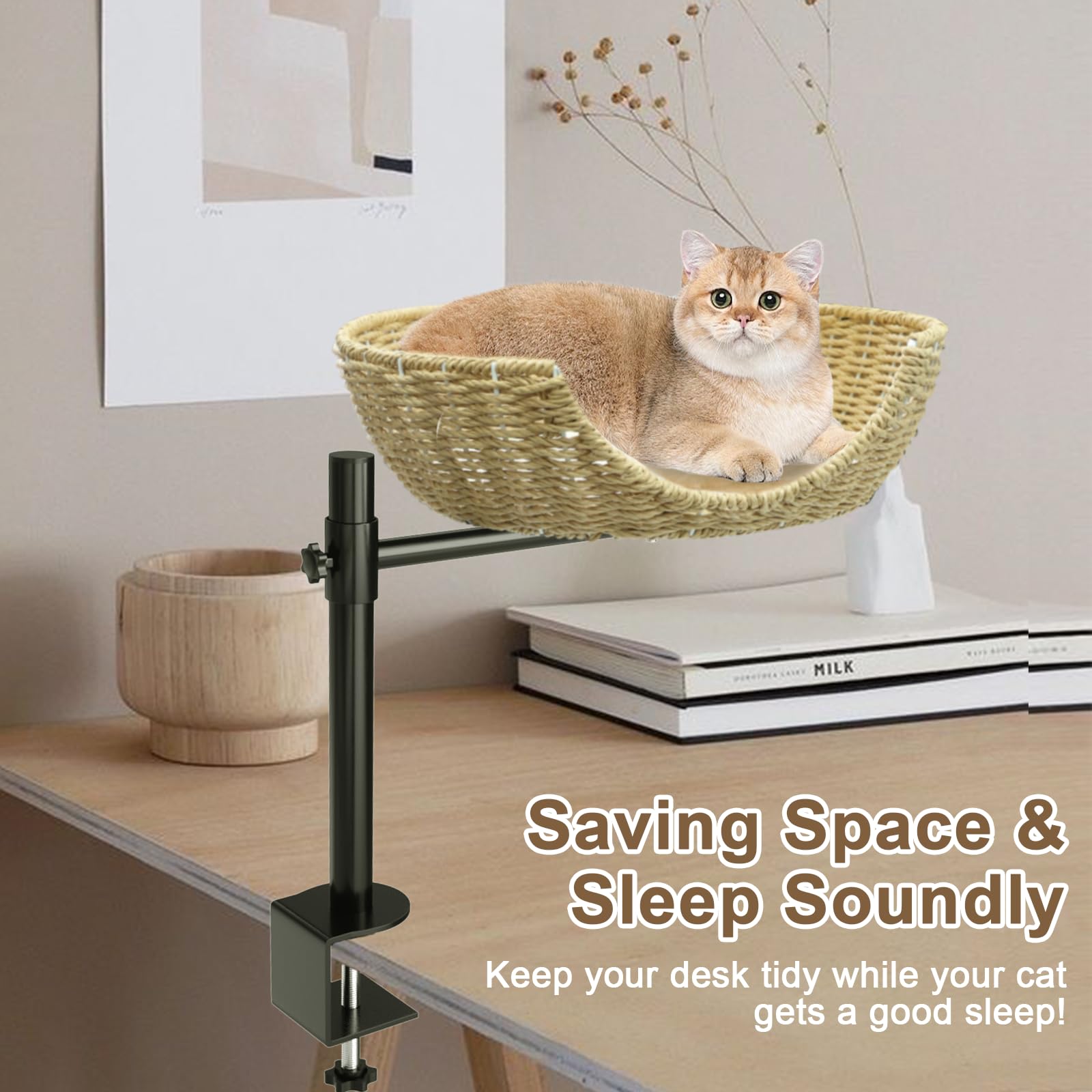 Theyfirst Handmade Cat Desk Bed For Indoor Cats, 360 Rotation Cat Bed Desk With Adjustable Mount, Pet Table Bed For Small Spaces