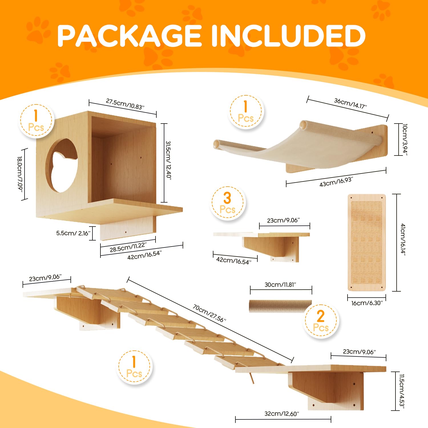 Meowhomm Cat Wall Shelves, Set Of 5 Wooden Cat Wall Furniture With Cat Condo, Cat Scratching Post With 3 Steps, Bridge, Cat Hamm