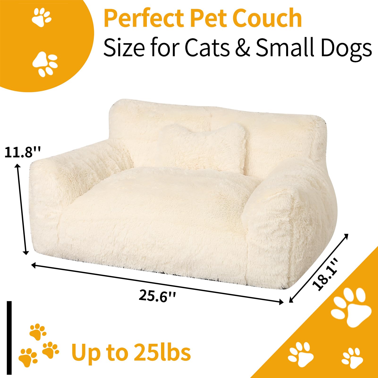 Bestroyal Fluffy Cat Couch, Small Dog Bed With Bone Shaped Pillow, Anti-Anxiety Pet Bed With Washable Cover, Cream
