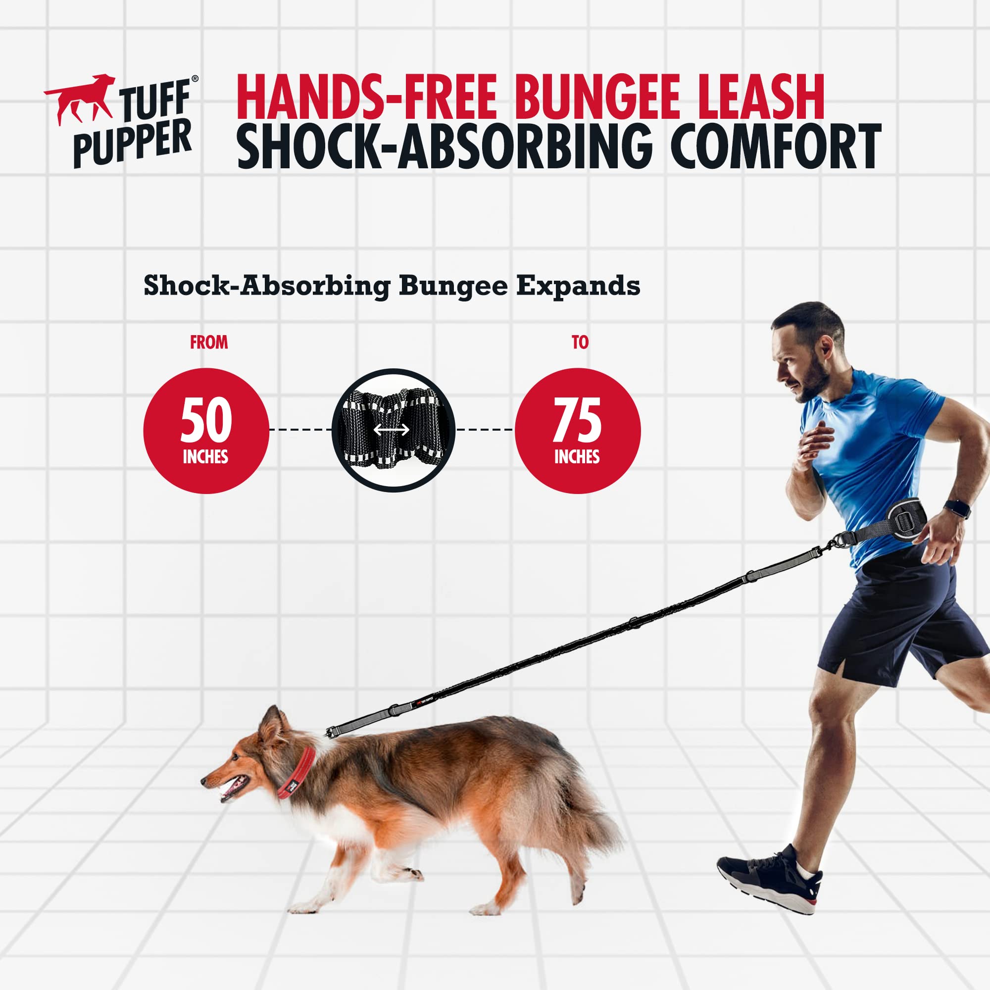 Tuff Pupper Heavy Duty Hands Free Dog Leash | One Large Dog Up To 125 Lbs | Comfortable Shock Absorbing Bungee | Reflective Padd