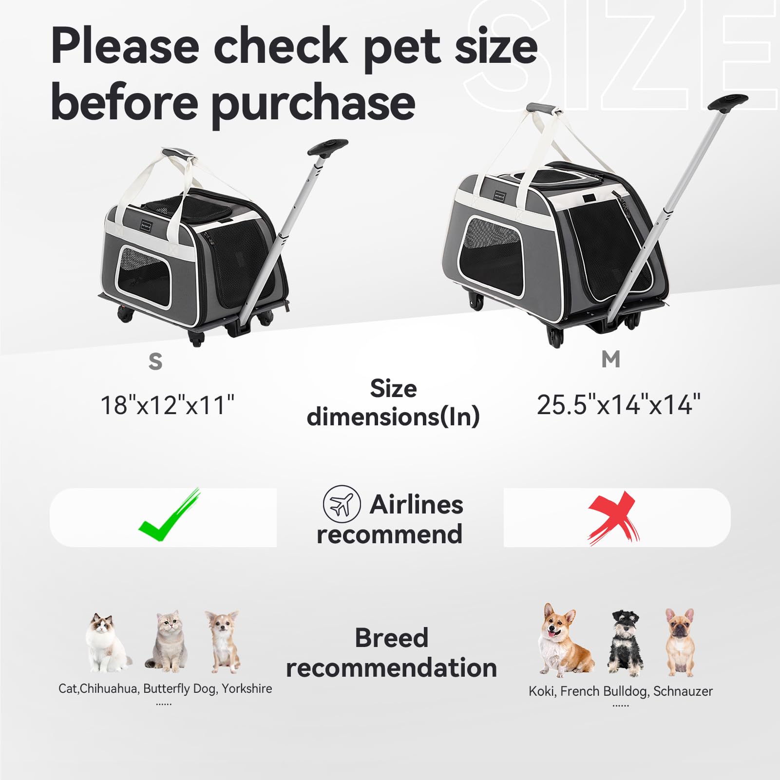 Petsfit Airline Approved Cat Carrier with Wheels, Small Size, Medium Gray, Metal, Model DLC1004622A1