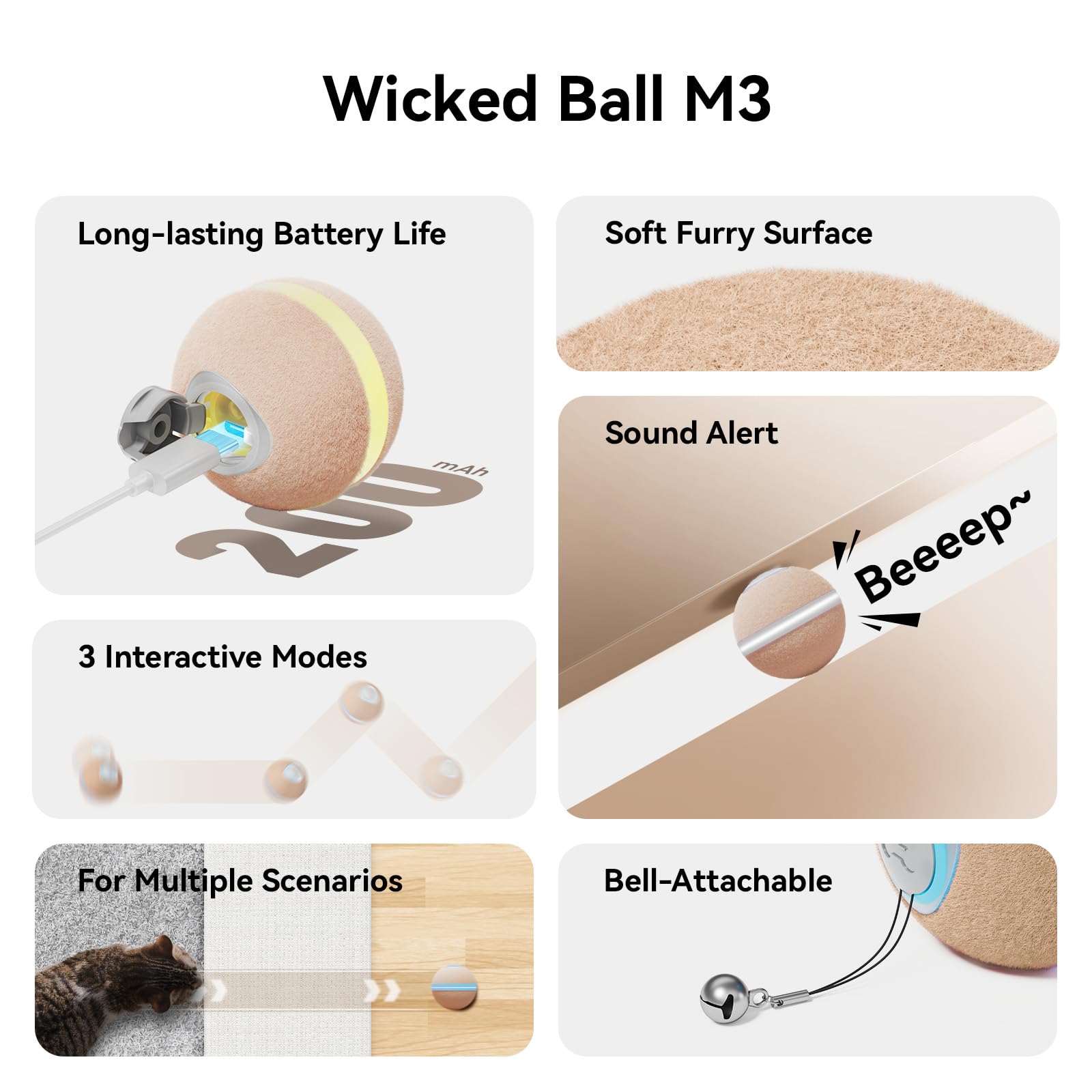 Cheerble Wicked Ball M3 - Interactive Apricot Cat Toy for Indoor Kittens, Smart Anti-Depression Ball with Light