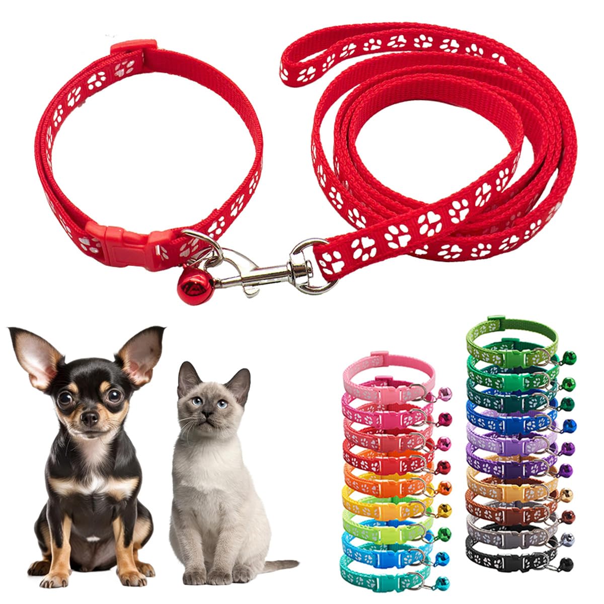 Small Dog Collar And Leash Set With Bell,Red Nylon Paw Cat Collar Girl Female Cute Fancy Puppy Collar With Bells For Xxs Xs Tiny