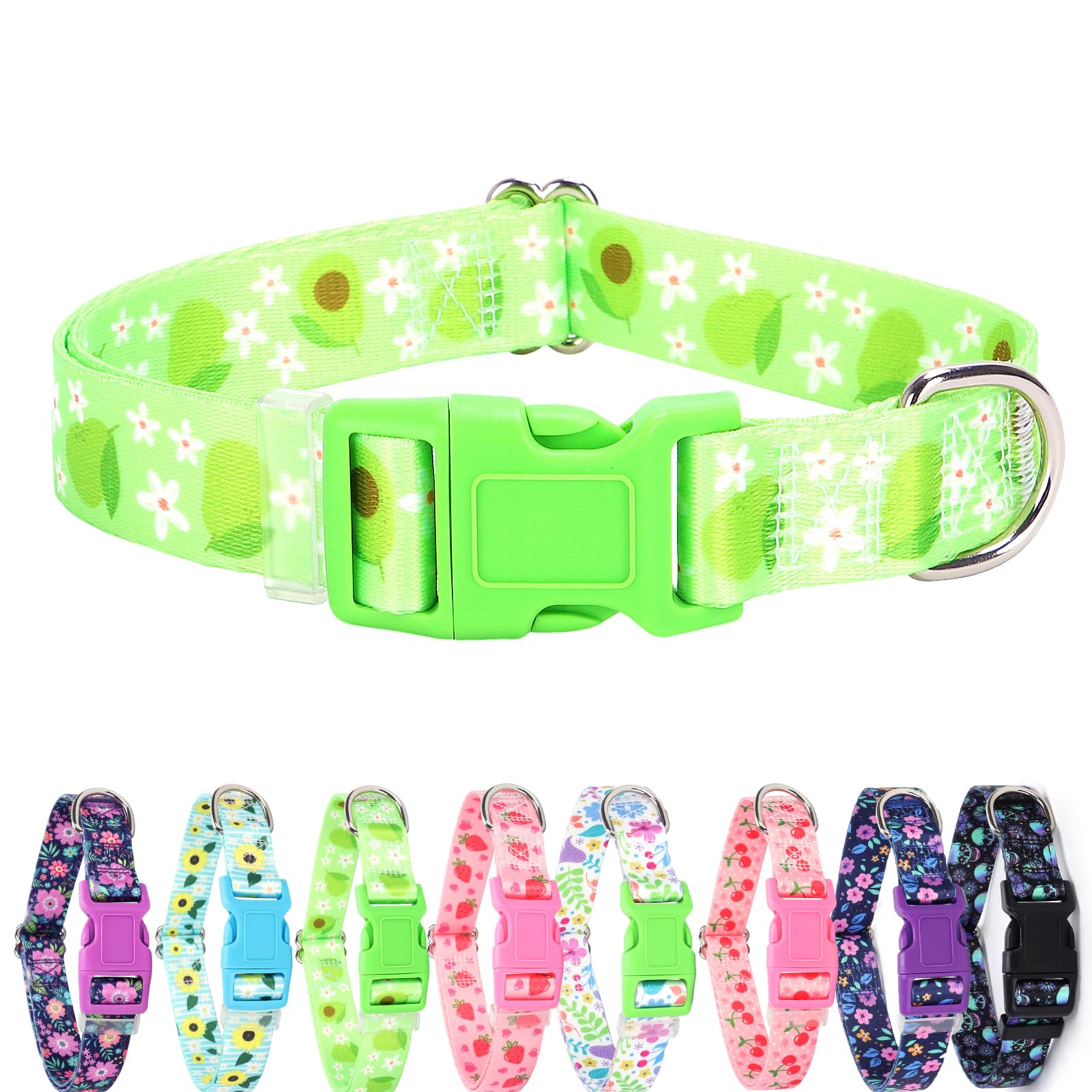 Soft Nylon Adjustable Dog Collar With Cute Avocado Design - Green Durable Collar For Small, Medium, Large & Xl Dogs | No-Slip Co