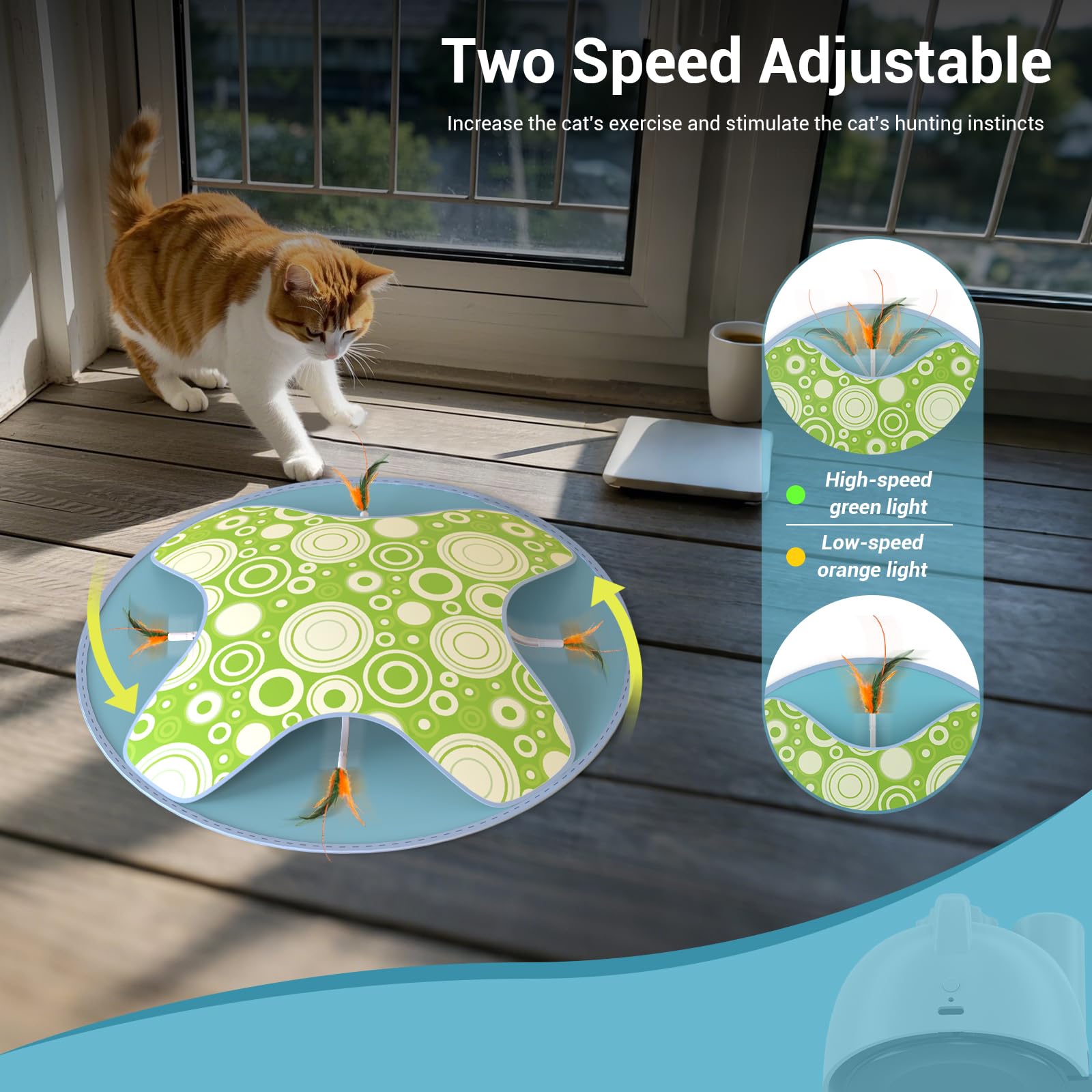 WAKHJAKT Interactive Cat Toy, 2-in-1 Automatic Cat Toys with Hide/Seek Mode, Moving Concealed Feathers, Two Speed Adjustable & S