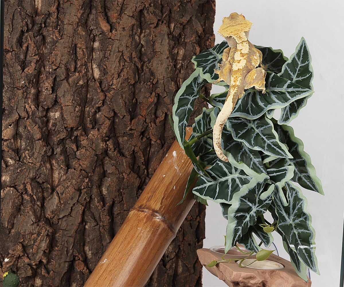 Woledoe Reptile Plants For Terrarium, Amphibian Habitat Decor Artificial Hanging Plants With Suction Cup - Fake Alocasia Black V