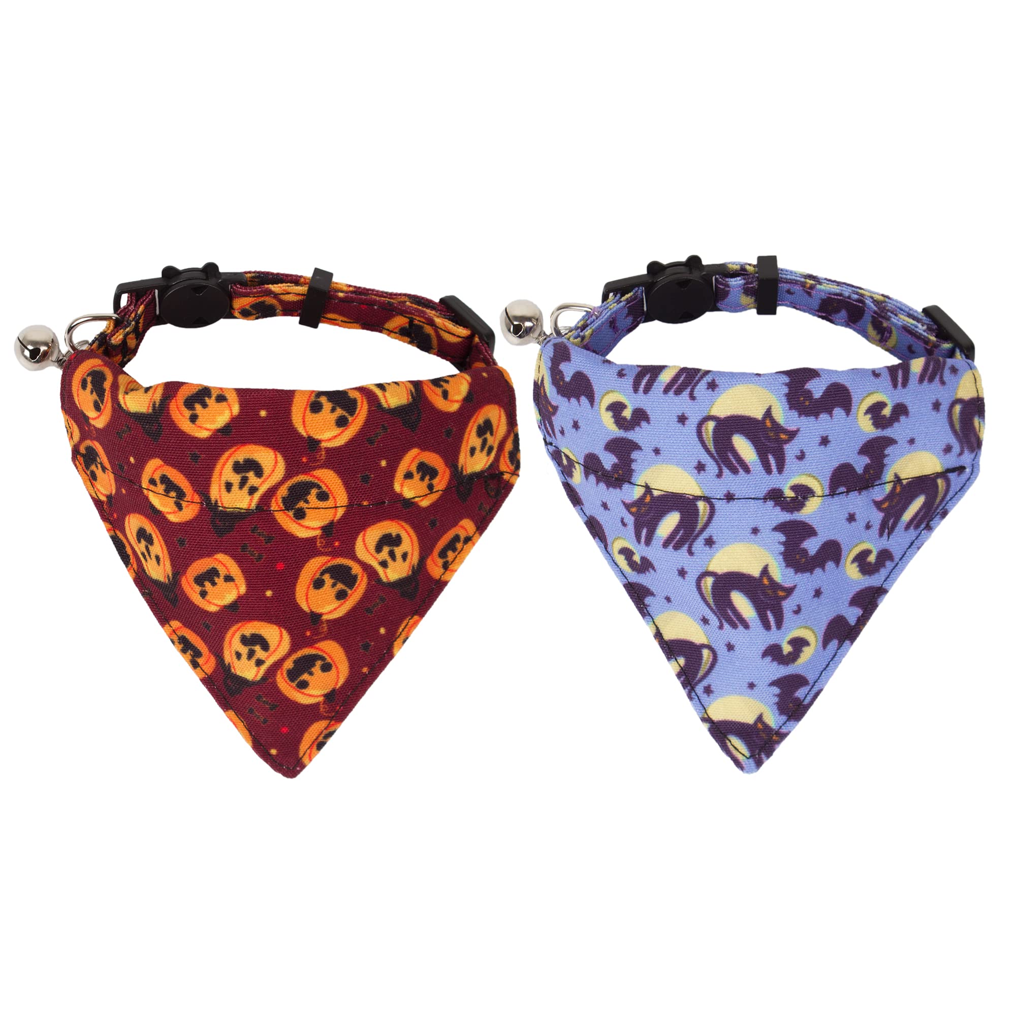 Adoggygo Halloween Cat Collars Breakaway With Removable Bandana, 2 Pack Adjustable Cat Collar Pumpkin Pattern Cat Bandana Collar For Kittens Cat (Halloween-1)