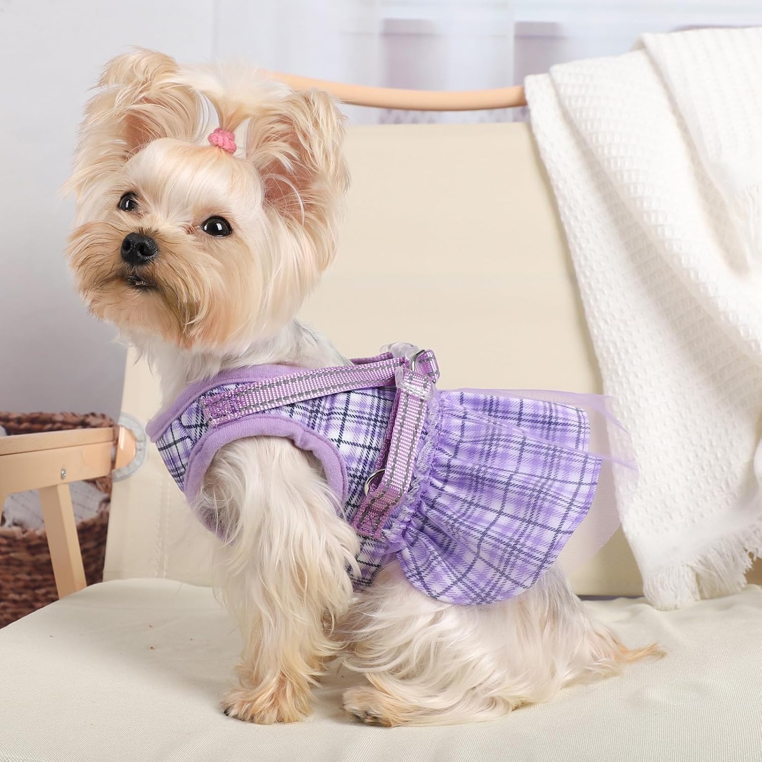 Small Dog Dress Harness Girl Female, No Pull Harnesses Outfit Apparel, Summer Adjustable Puppy Plaid Skirt Vest Cat Clothes (Pur
