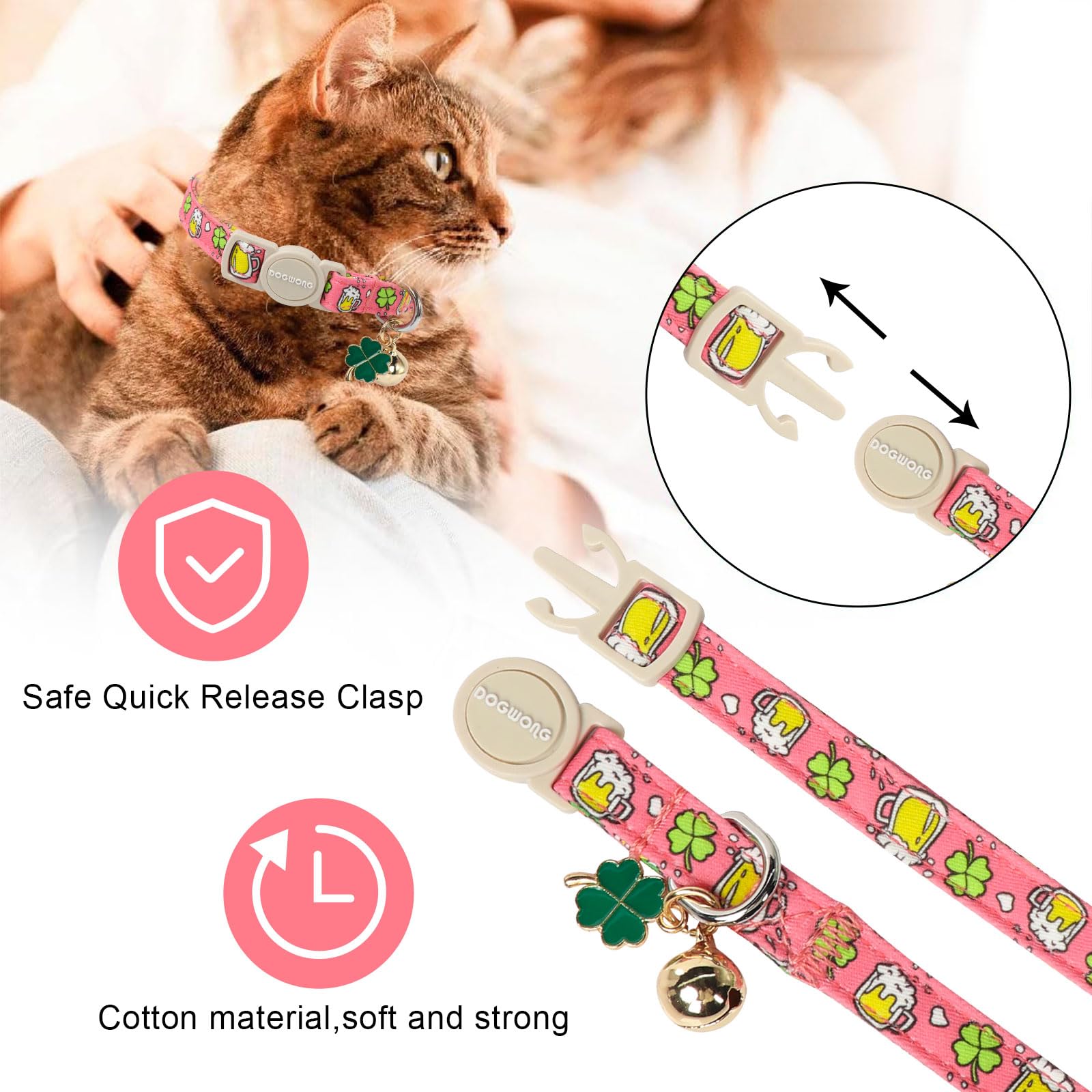 Dogwong Cat Collar 2 Pack Breakaway With Bell - Safety Buckle St. Patrick'S Day Green Trefoil For Girl Boy Cats, Adjustable 7-12