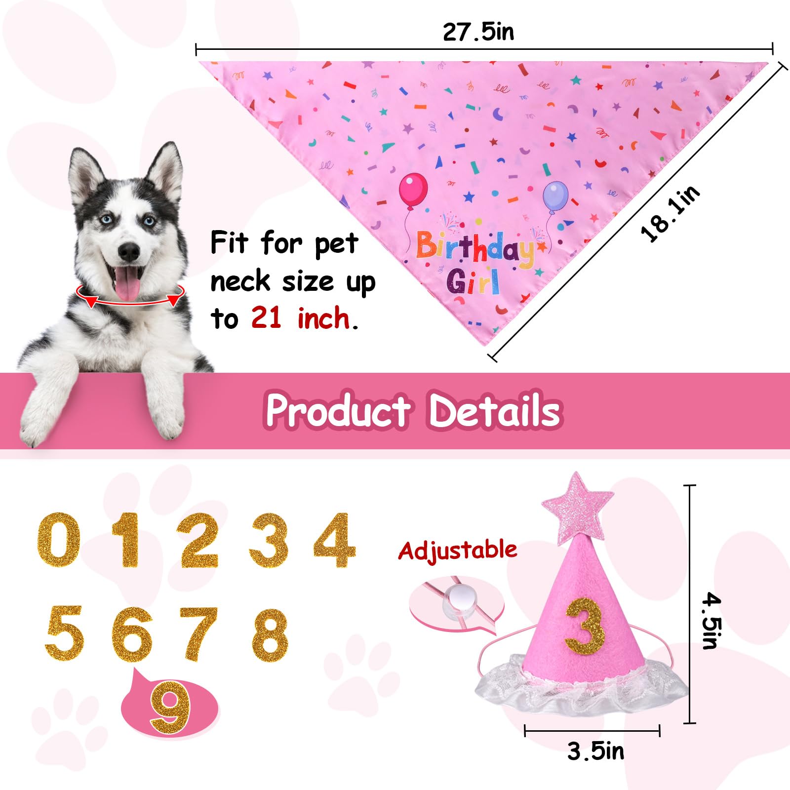 Yicostar Dog Birthday Decorations, Dog Birthday Hat With Numbers For Large Medium Small,Pet Supplies (Pink)