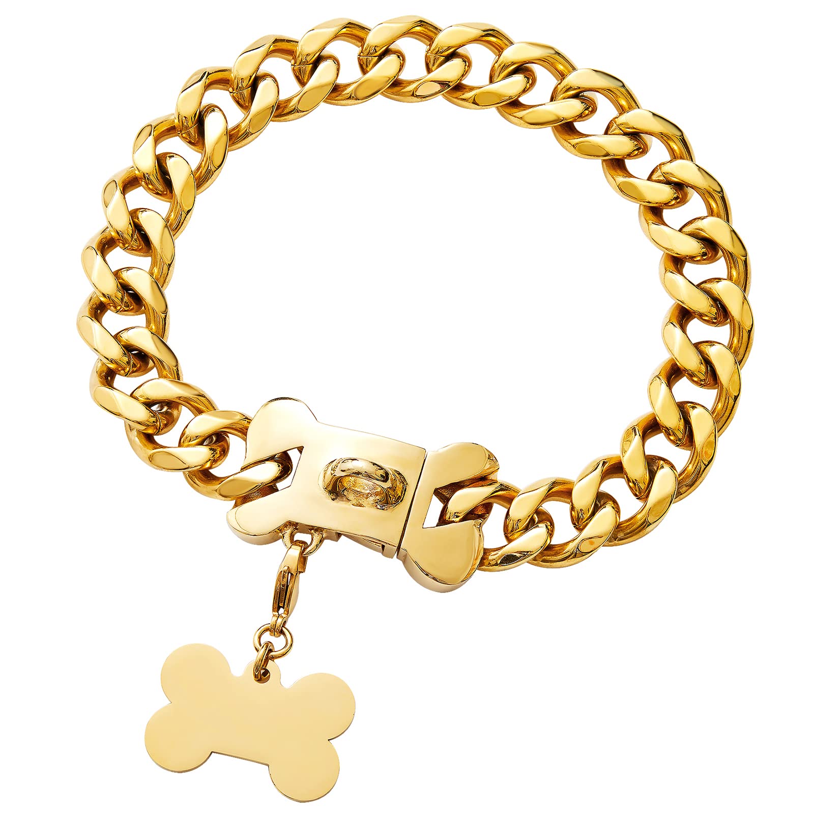 Strong Stainless Steel Gold Chain Dog Collar,Heavy Duty Chew Proof Big Dog Chain,Fashion Cuban Link Necklace Collar for Large Do
