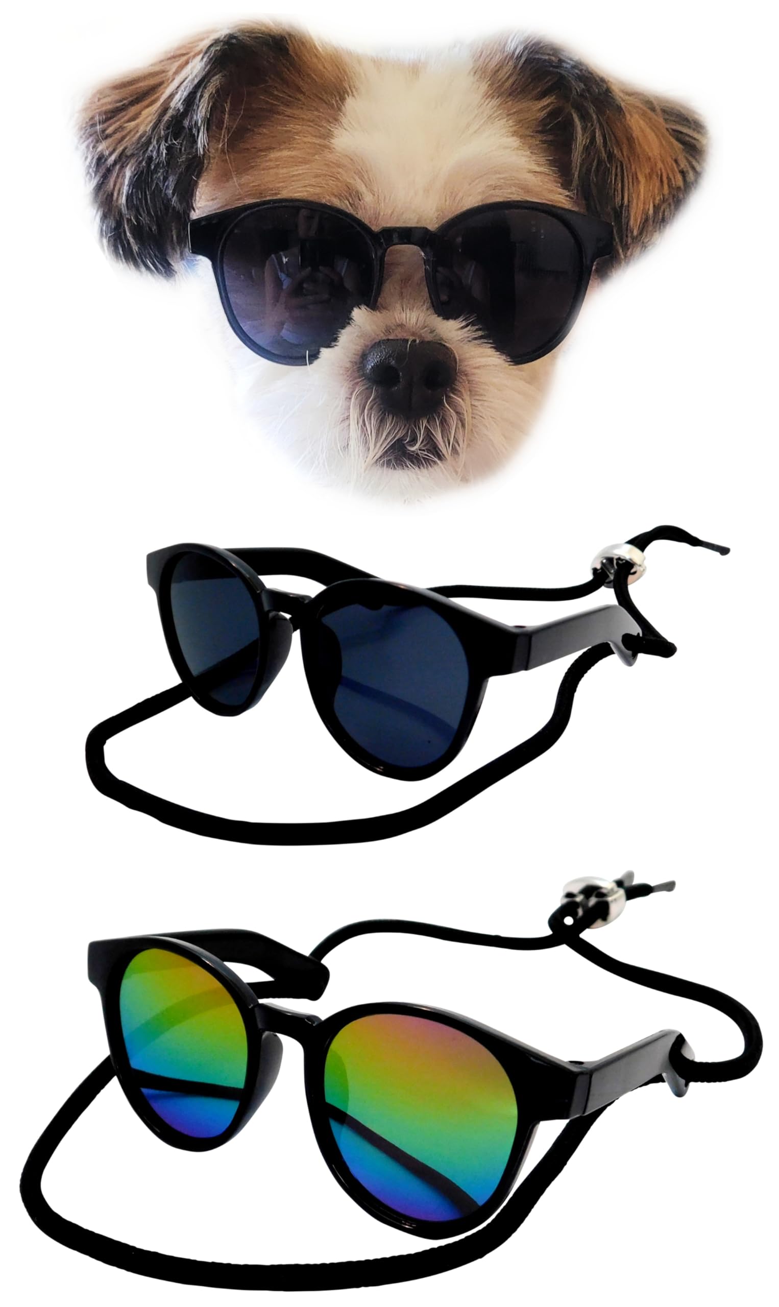 G014 Dog Cat Pet Panto Round Sunglasses Up To 15Lbs (2-Pack Panto Black + Panto Black-Rainbow Mirror)