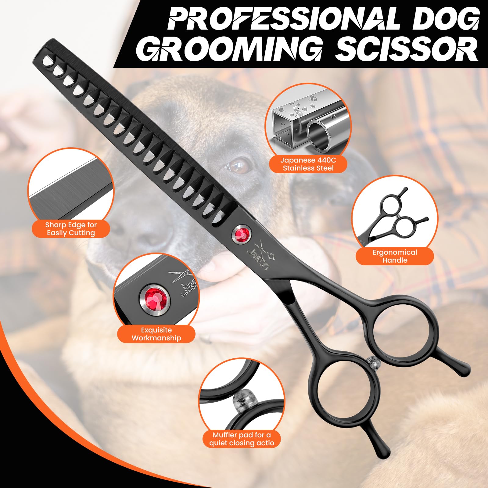 JASON 7.5'' Dog Grooming Scissor - Professional Thinning Chunker Shear with 18 Teeth Japanese Stainless Steel Hair Scissors for