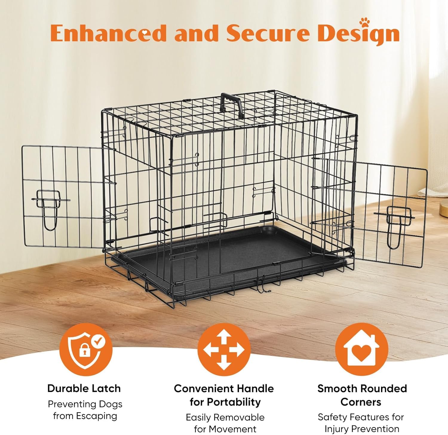 Sweetcrispy 24-Inch Double-Door Iron Dog Crate - Heavy-Duty Metal Kennel With Secure Locks, Foldable Design, & Removable Tray Fo