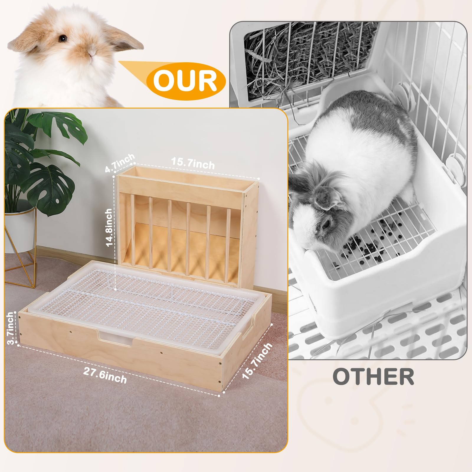 Essenhome Extra-Large 2-In-1 Rabbit Hay Feeder & Litter Box Set, Wood, Mess Proof, For Guinea Pigs, Chinchillas, Hamsters, And R