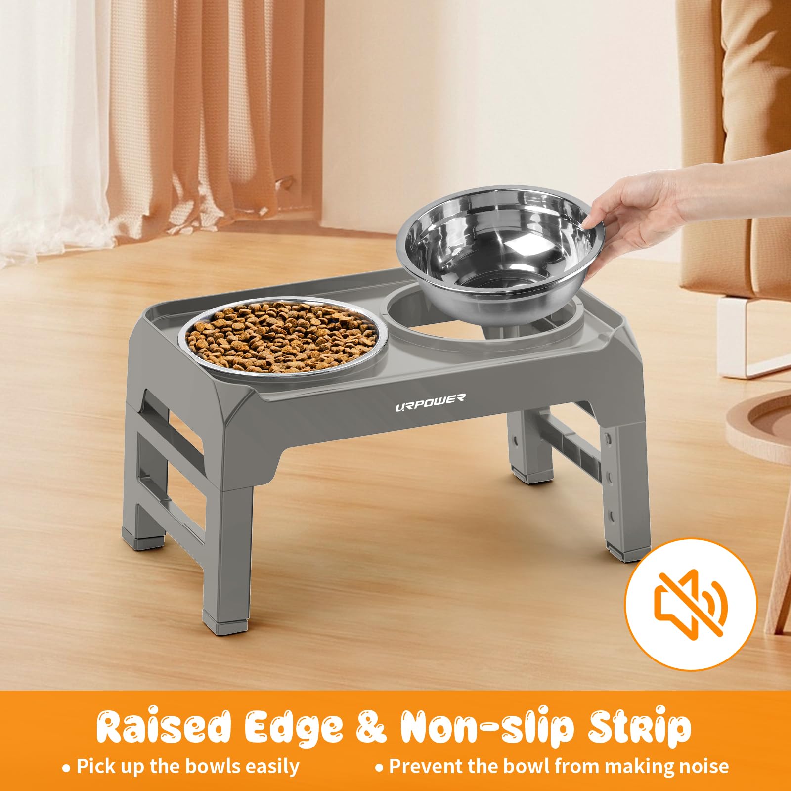 URPOWER 4 Height Adjustable Elevated Dog Bowls - 50oz Large Capacity Stainless Steel Bowls, No-Spill Edge, Non-Slip Stand for Sm